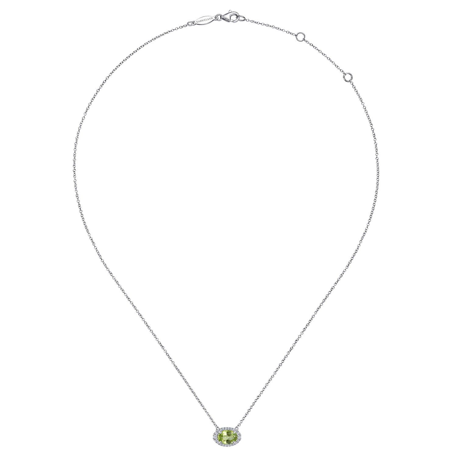 Oval Peridot and Diamond Halo Pendant Necklace in 14K White Gold, photograph 2