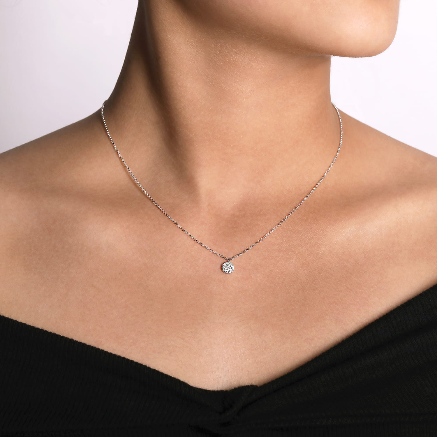 Pave Diamond Disc Pendant Necklace in 14K White Gold, photograph 3