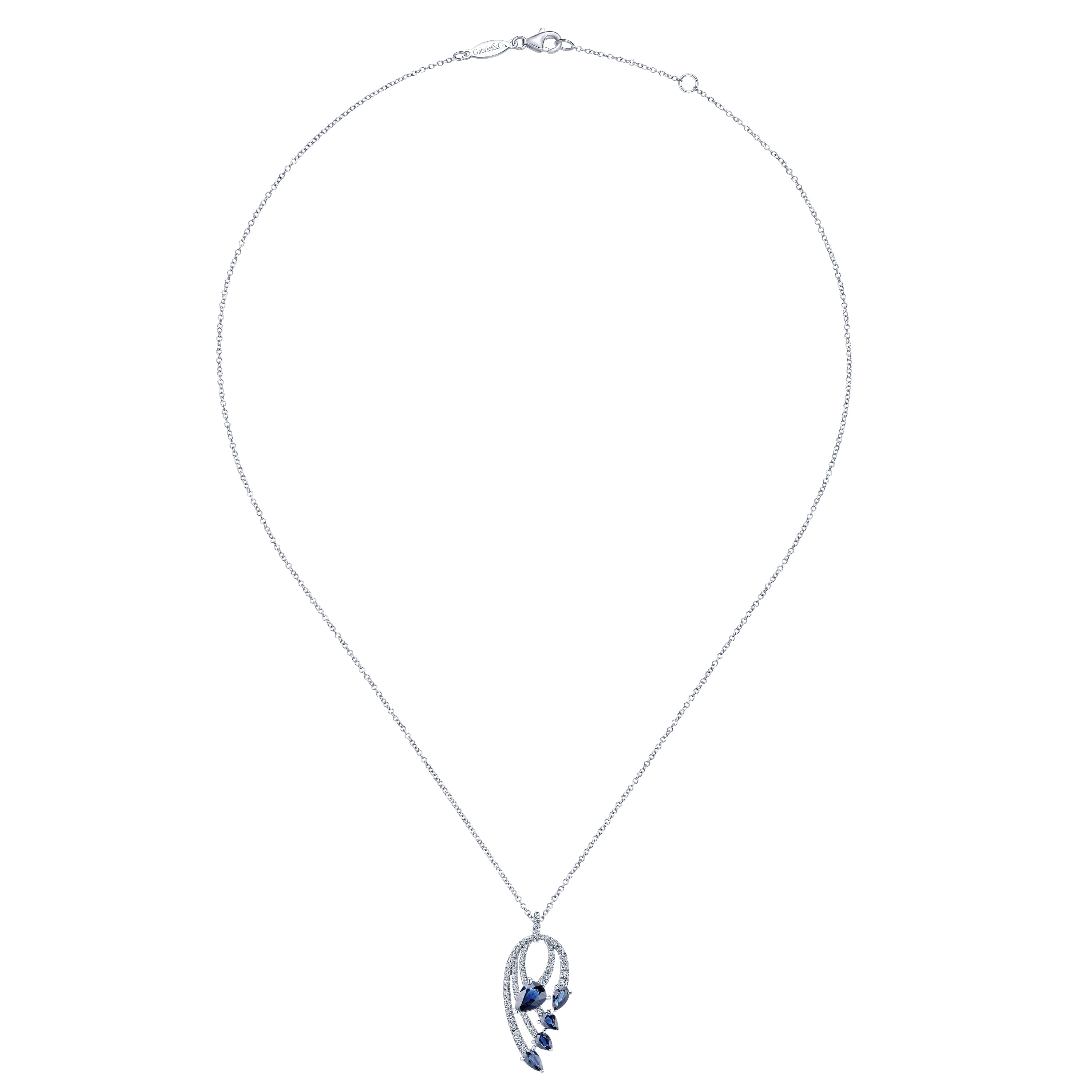 Pear Shaped Sapphire and Diamond Curved Pendant Necklace in 14K White Gold, photograph 2