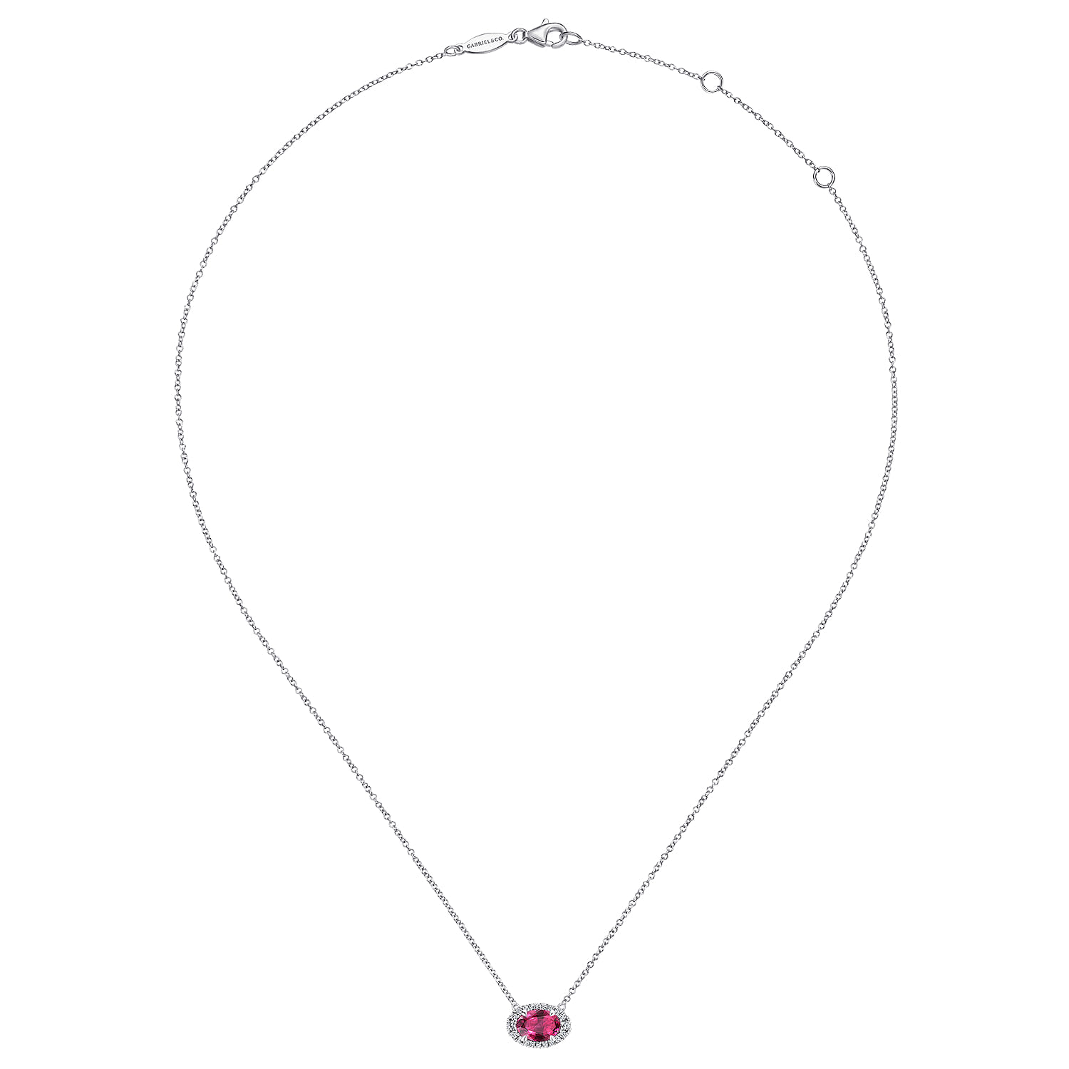 Oval Ruby and Diamond Halo Pendant Necklace in 14K White Gold, photograph 2