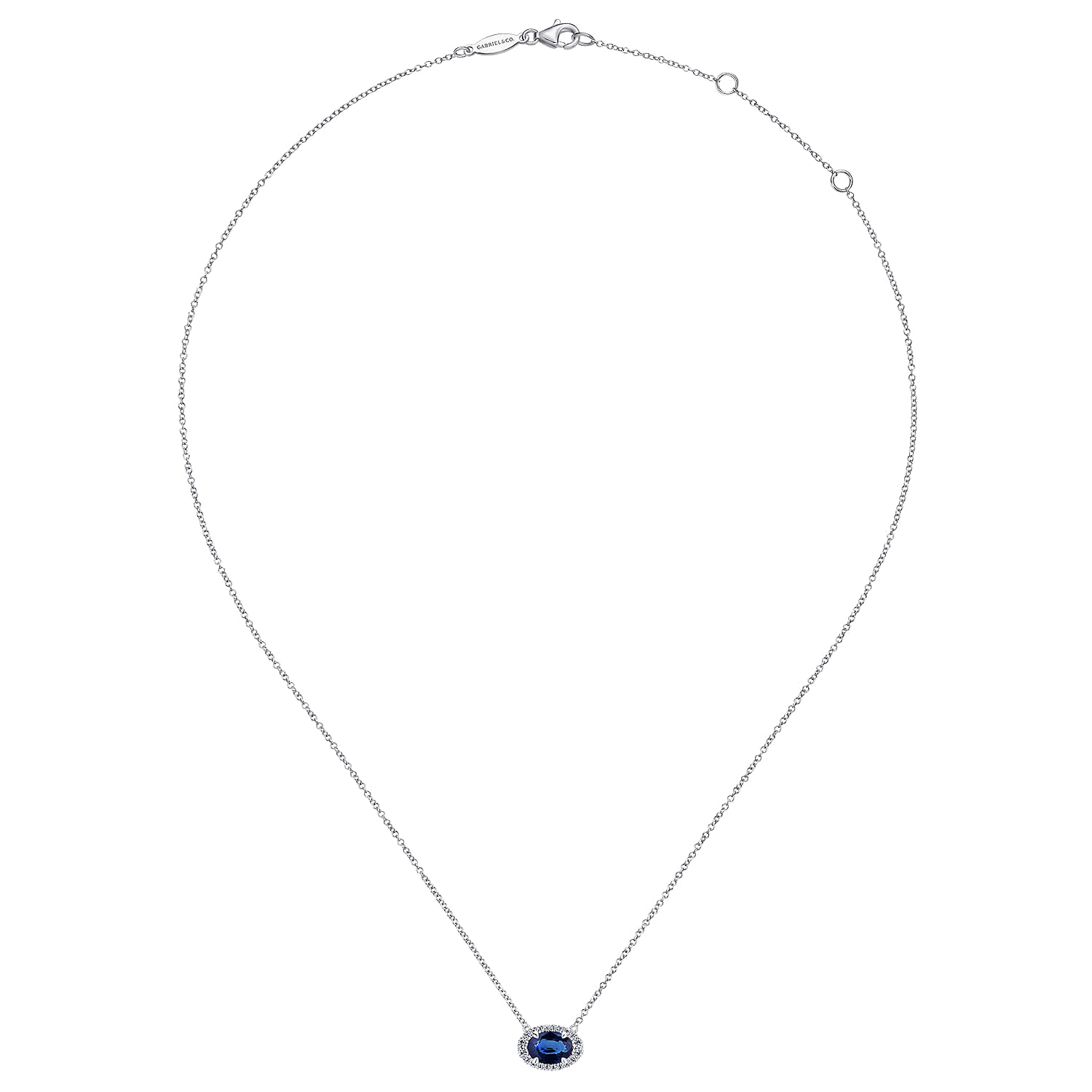 Oval Sapphire and Diamond Halo Pendant Necklace in 14K White Gold, photograph 2