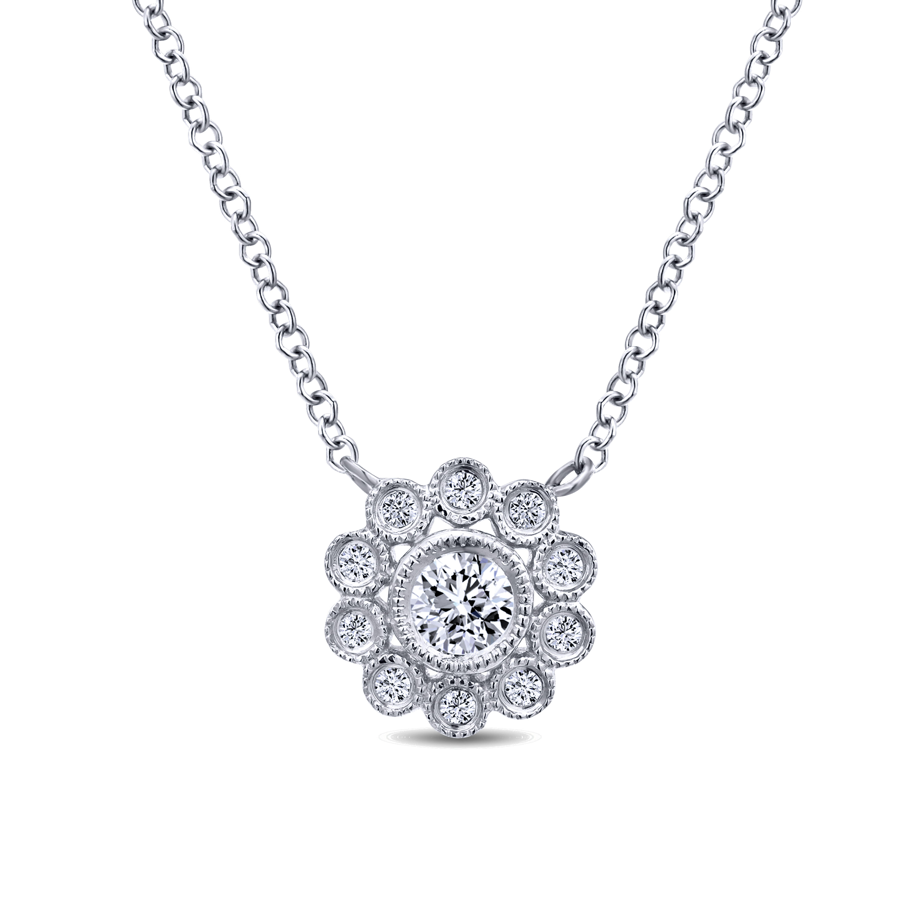 Bezel Set Floral Diamond Pendant Necklace
