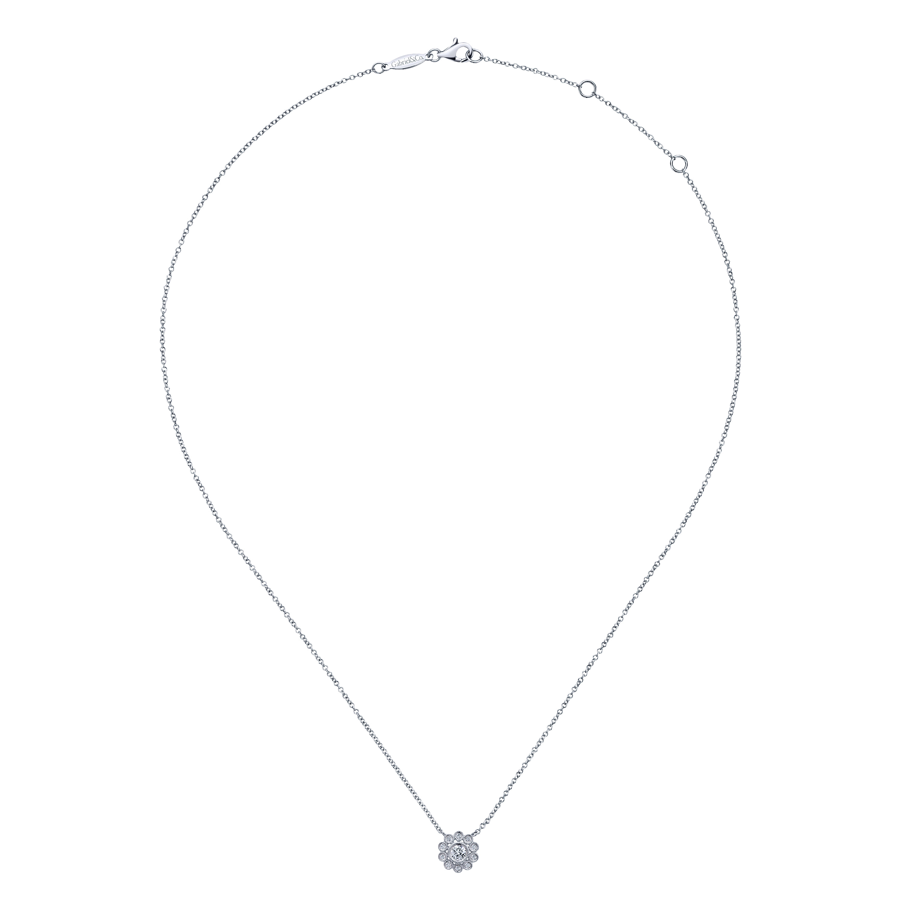 Bezel Set Floral Diamond Pendant Necklace in 14K White Gold, photograph 2