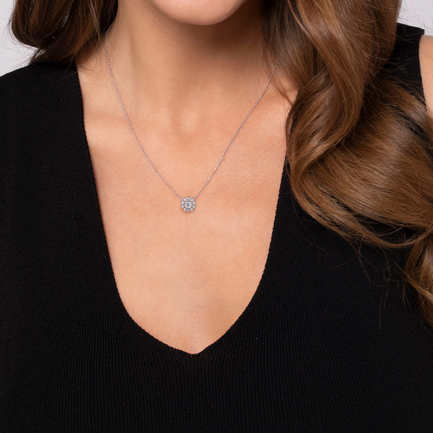 Bezel Set Floral Diamond Pendant Necklace in 14K White Gold, photograph 3