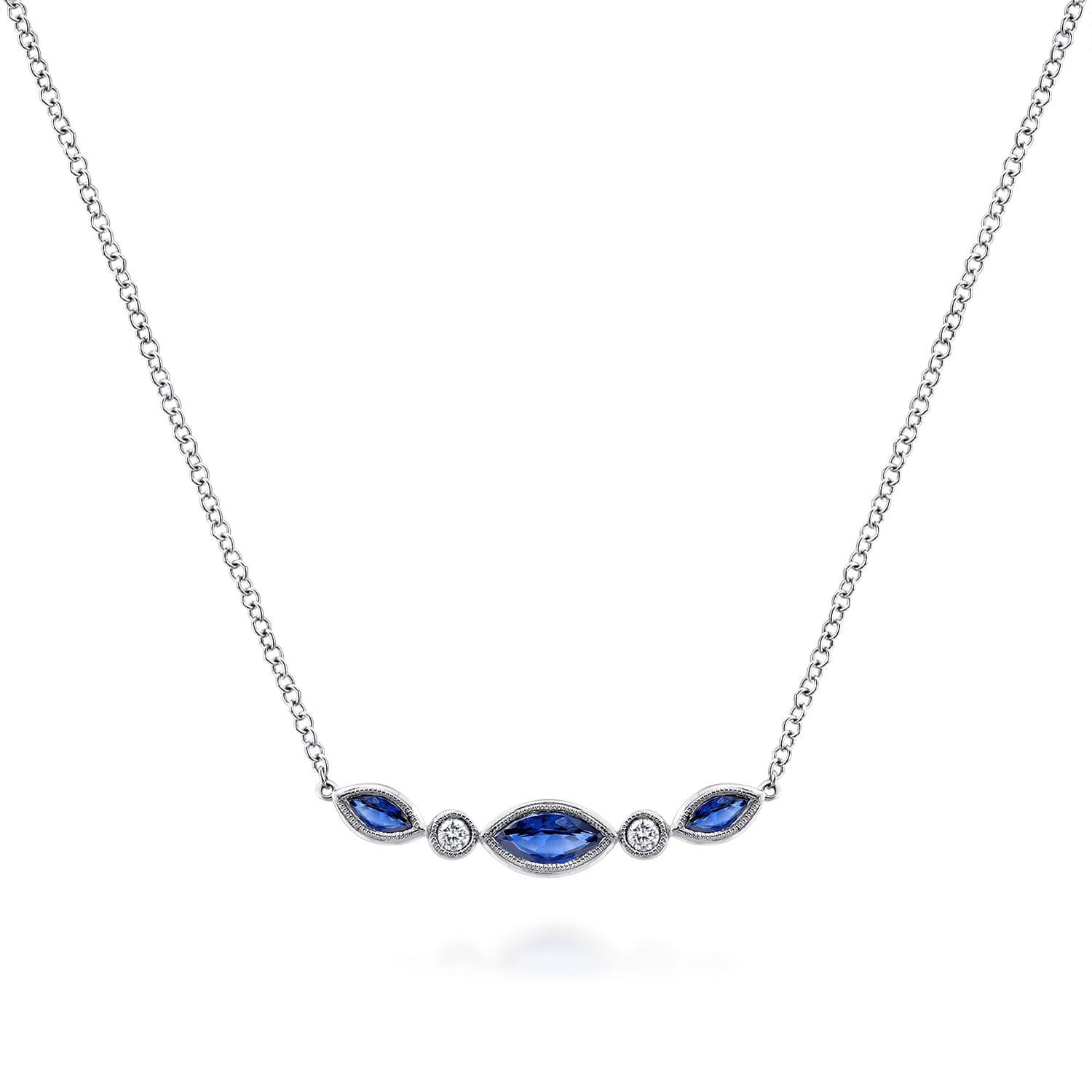 Marquise Shape Sapphire and Bezel Set Diamond Bar Necklace