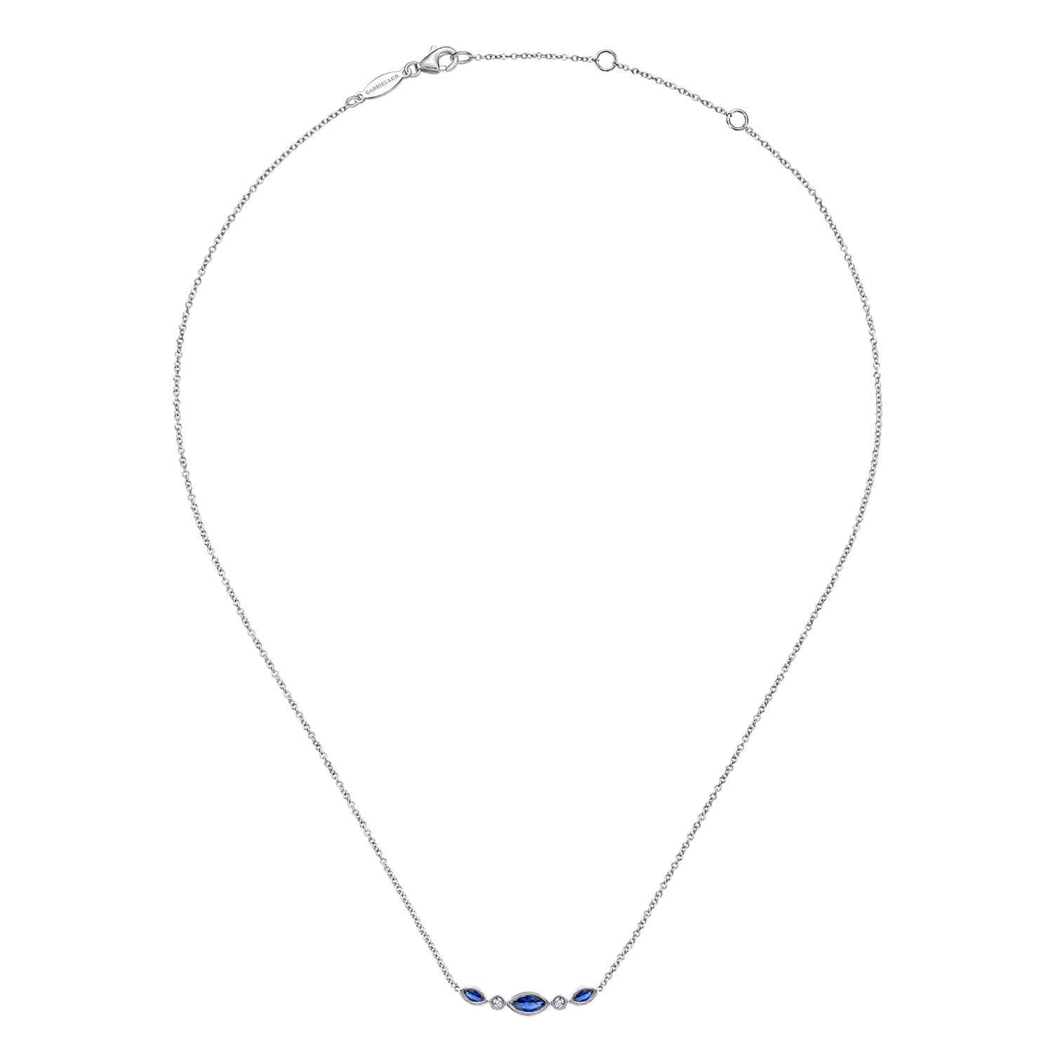 Marquise Shape Sapphire and Bezel Set Diamond Bar Necklace in 14K White Gold, photograph 2