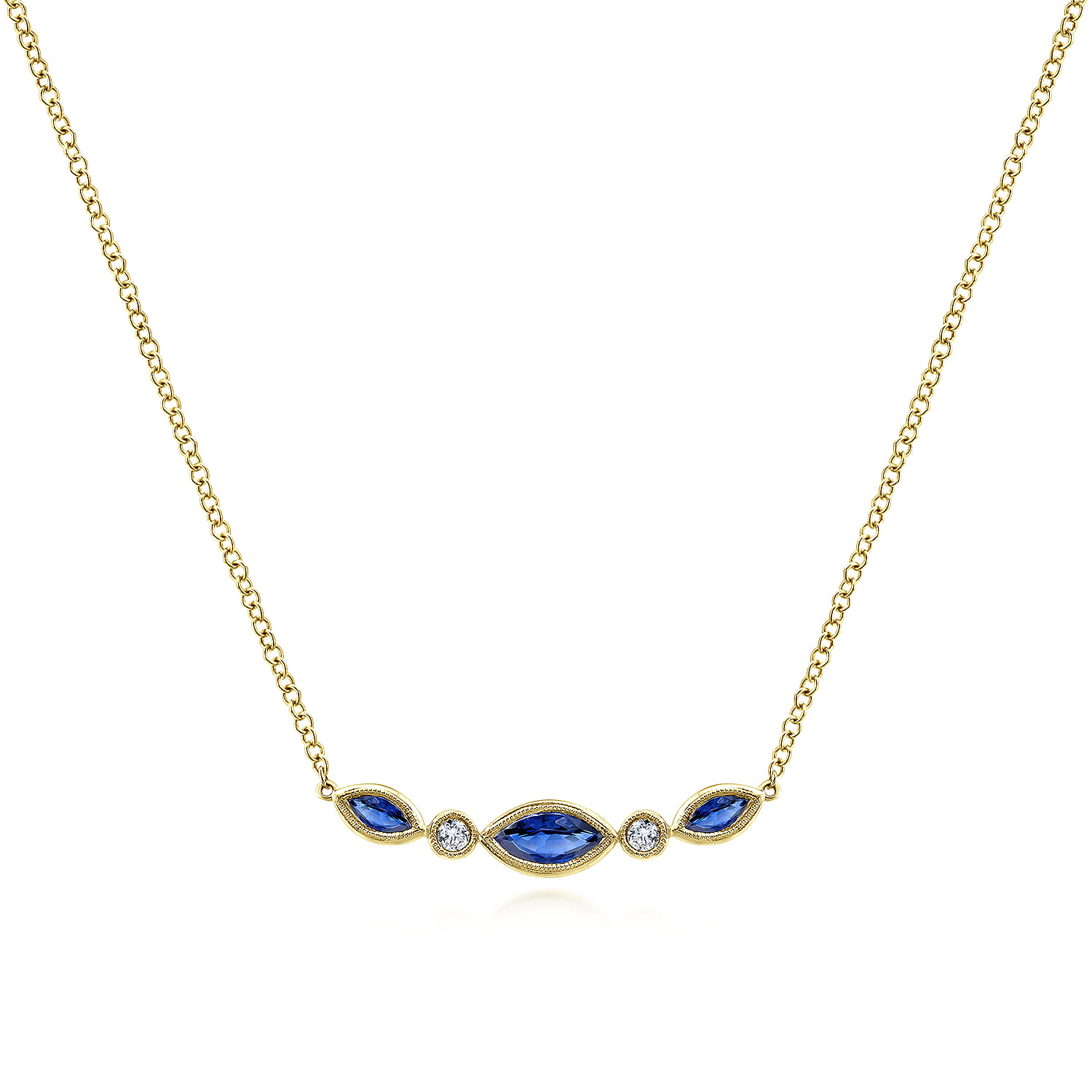 Marquise Shape Sapphire and Bezel Set Diamond Bar Necklace