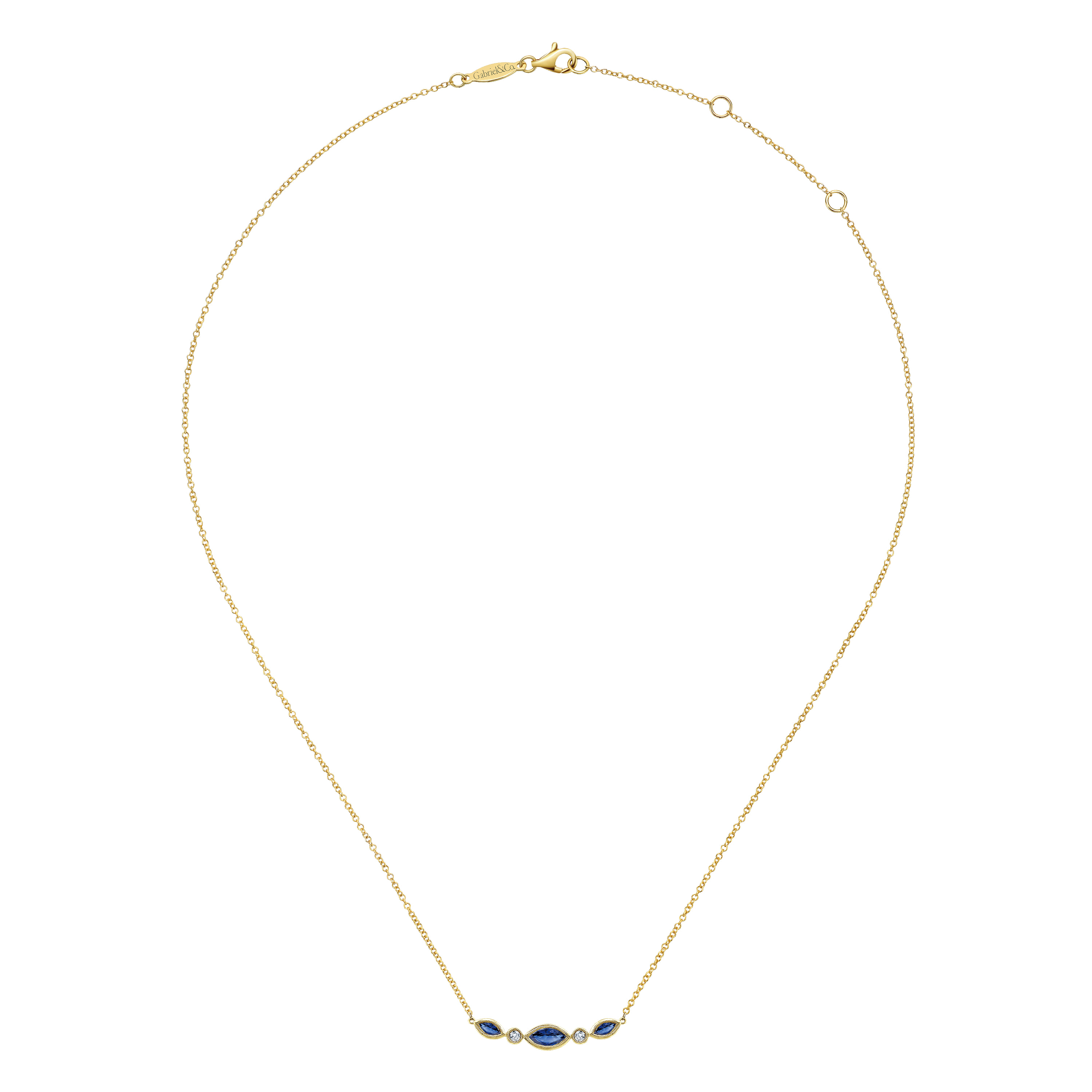 Marquise Shape Sapphire and Bezel Set Diamond Bar Necklace in 14K Yellow Gold, photograph 2