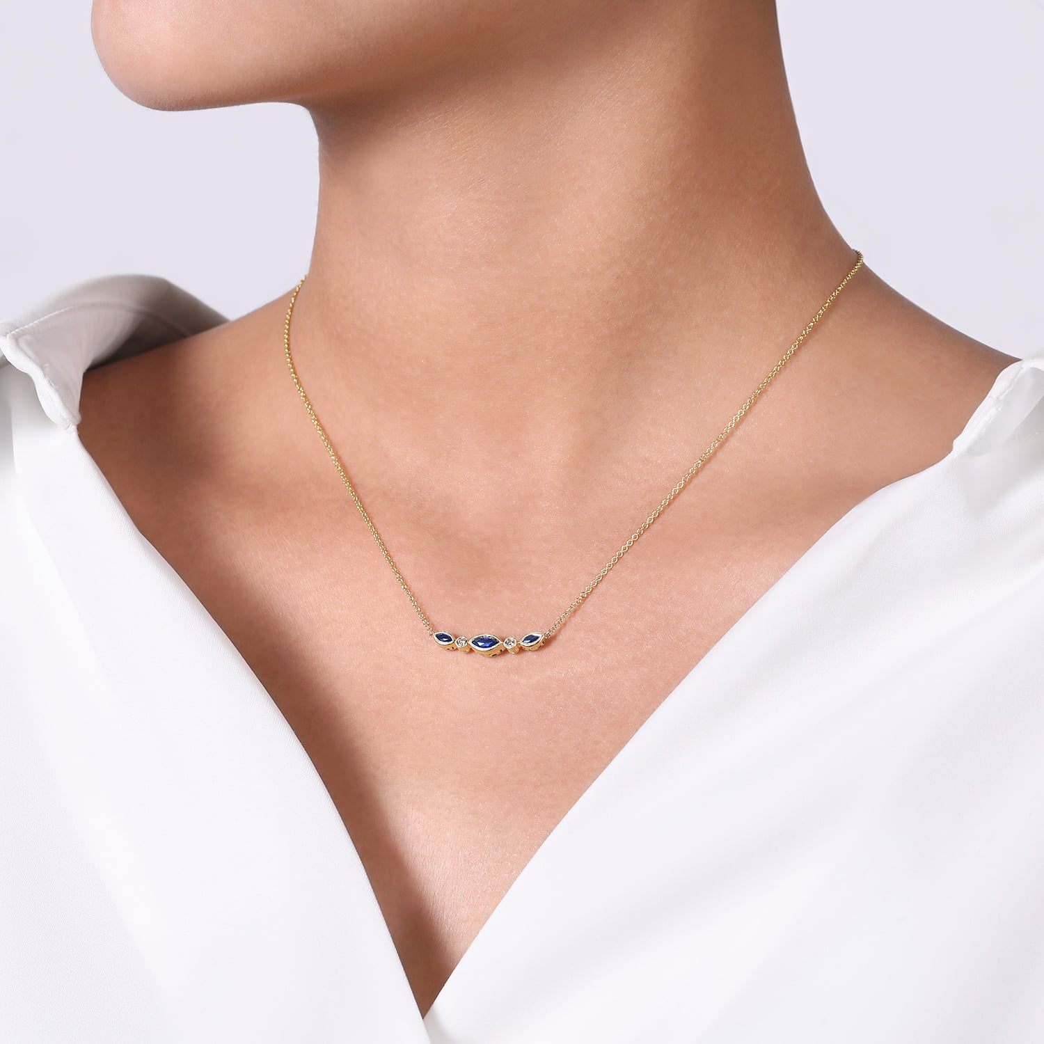 Marquise Shape Sapphire and Bezel Set Diamond Bar Necklace in 14K Yellow Gold, photograph 3