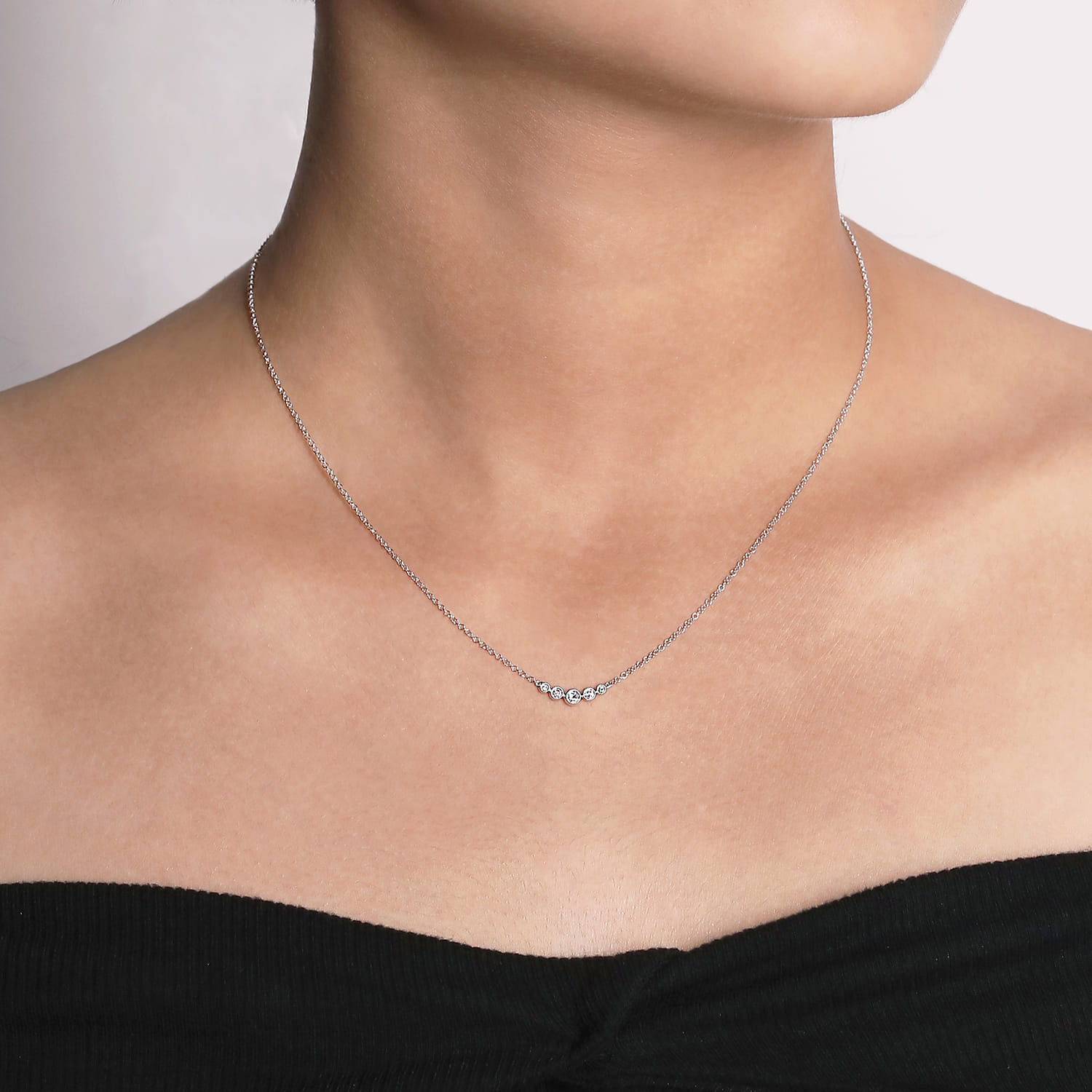 Curved Diamond Bar Necklace in 14K White Gold, photograph 3