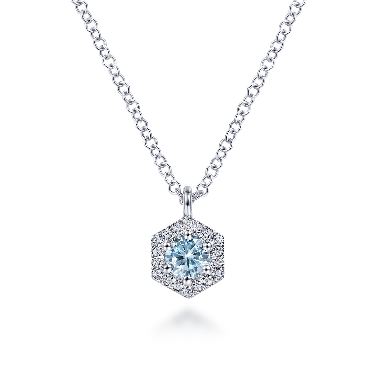 Hexagonal Halo Aquamarine and Diamond Pendant Necklace