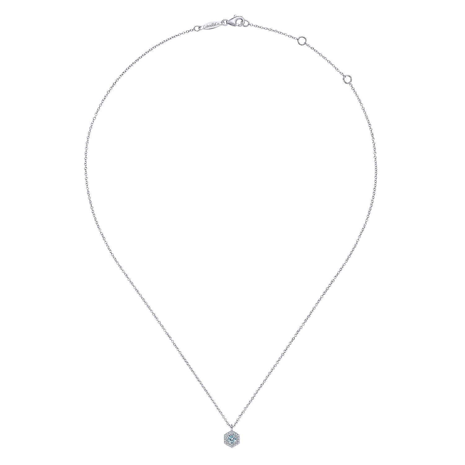 Hexagonal Halo Aquamarine and Diamond Pendant Necklace in 14K White Gold, photograph 2