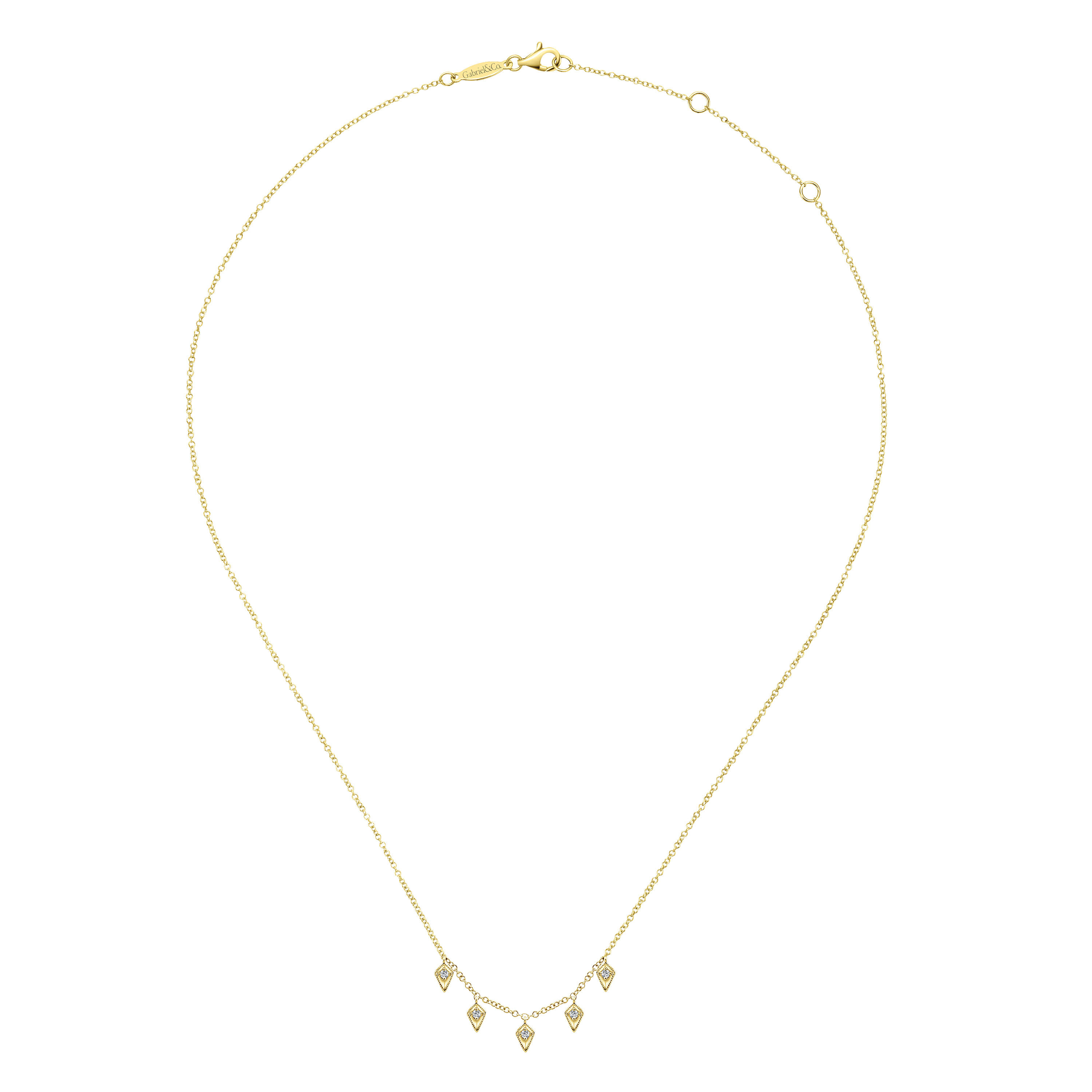 Kite Shaped Drops Station Necklace with Diamonds in 14K Yellow Gold, photograph 2