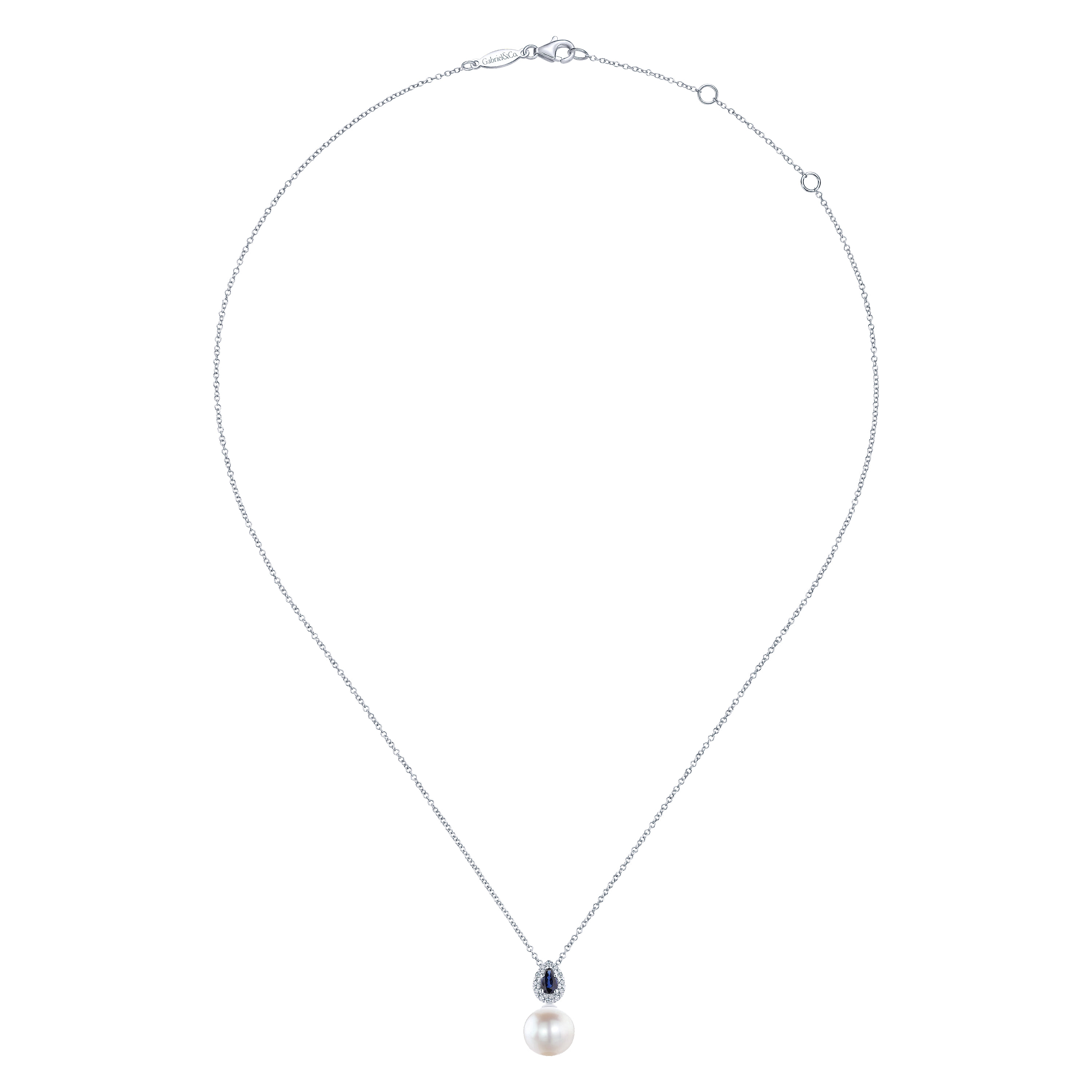 Pear Shaped Sapphire and Diamond Halo Pendant Necklace with Pearl in 14K White Gold, photograph 2