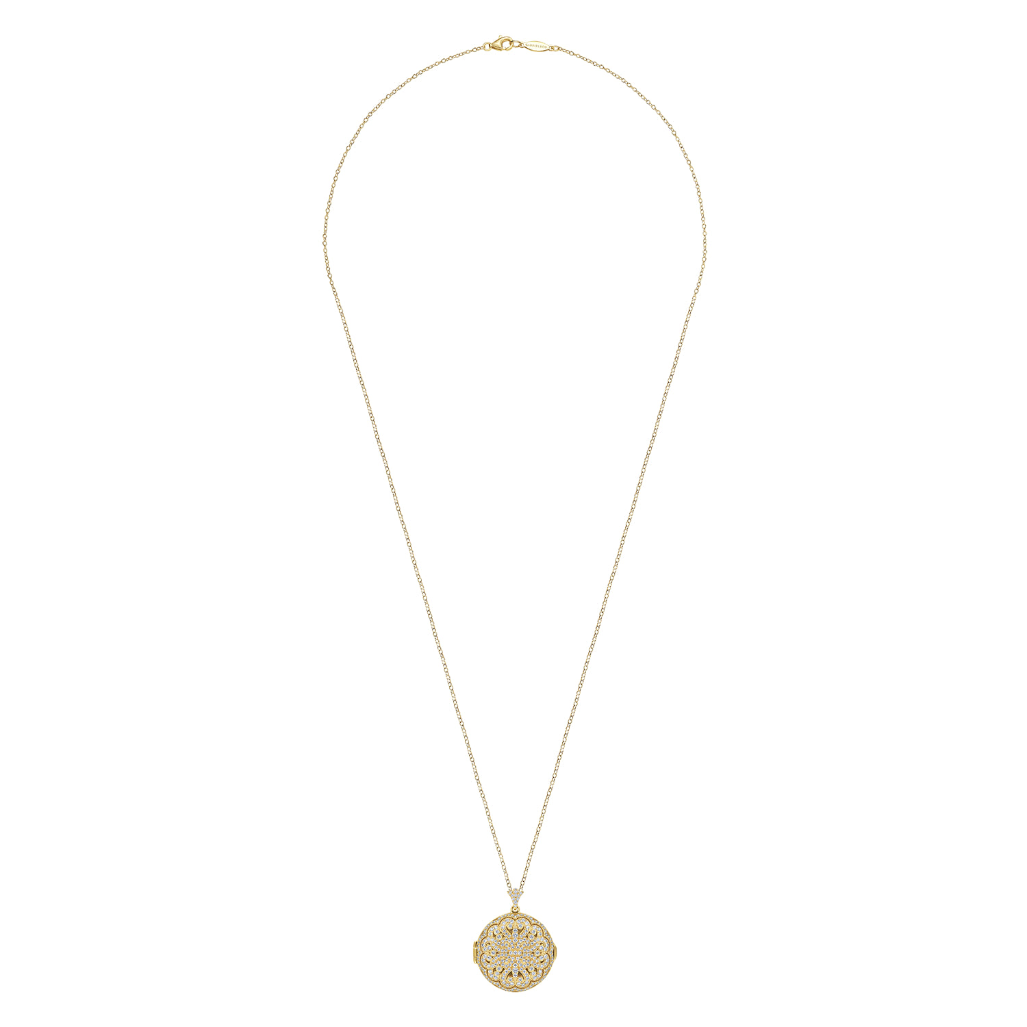25 inch Filigree and Diamond Locket Necklace in 14K Yellow Gold, photograph 4