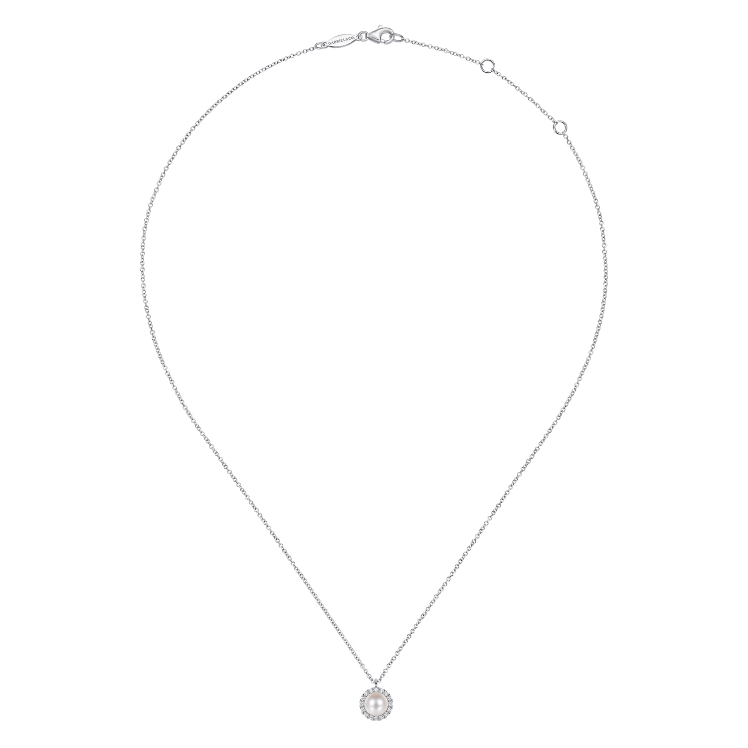 Cultured Pearl and Diamond Halo Pendant Necklace in 14K White Gold, photograph 2
