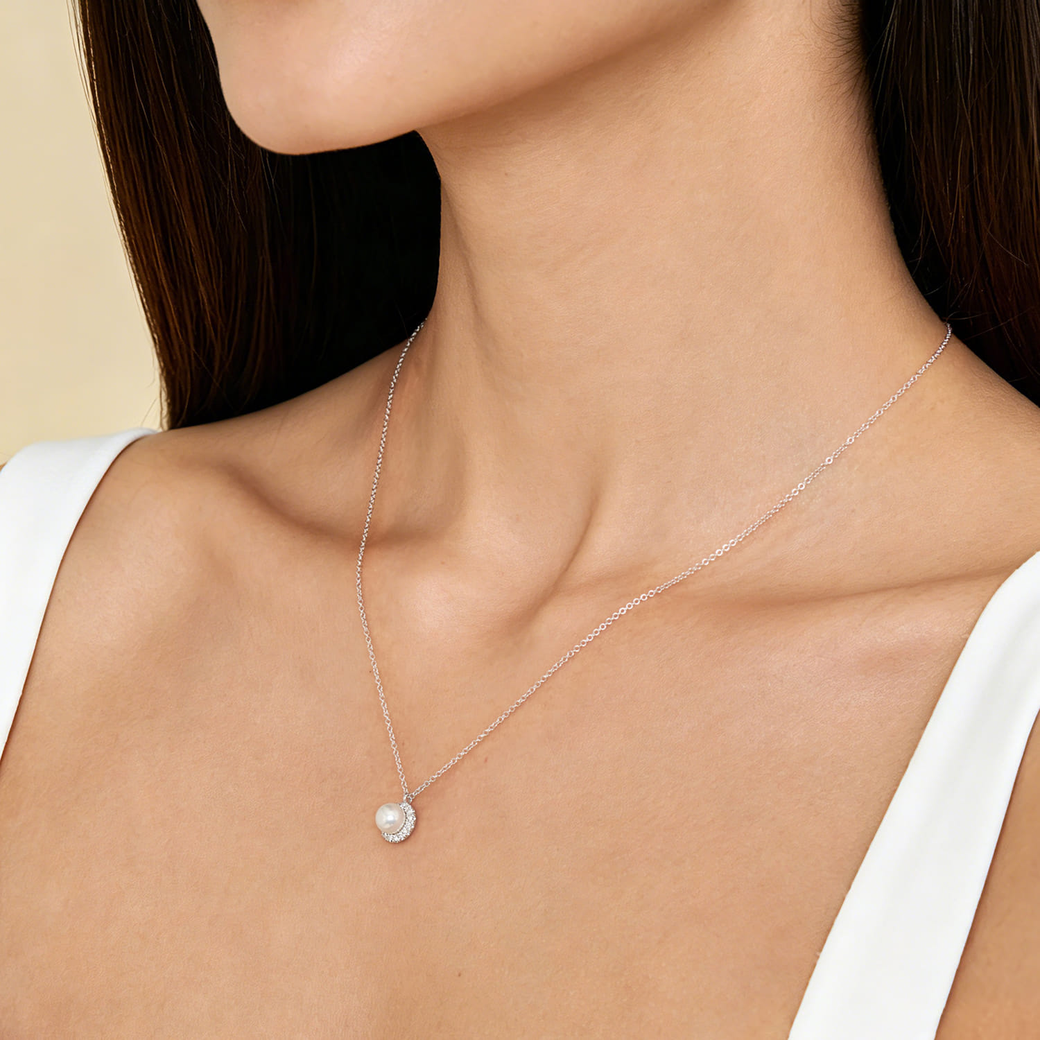 Cultured Pearl and Diamond Halo Pendant Necklace in 14K White Gold, photograph 3