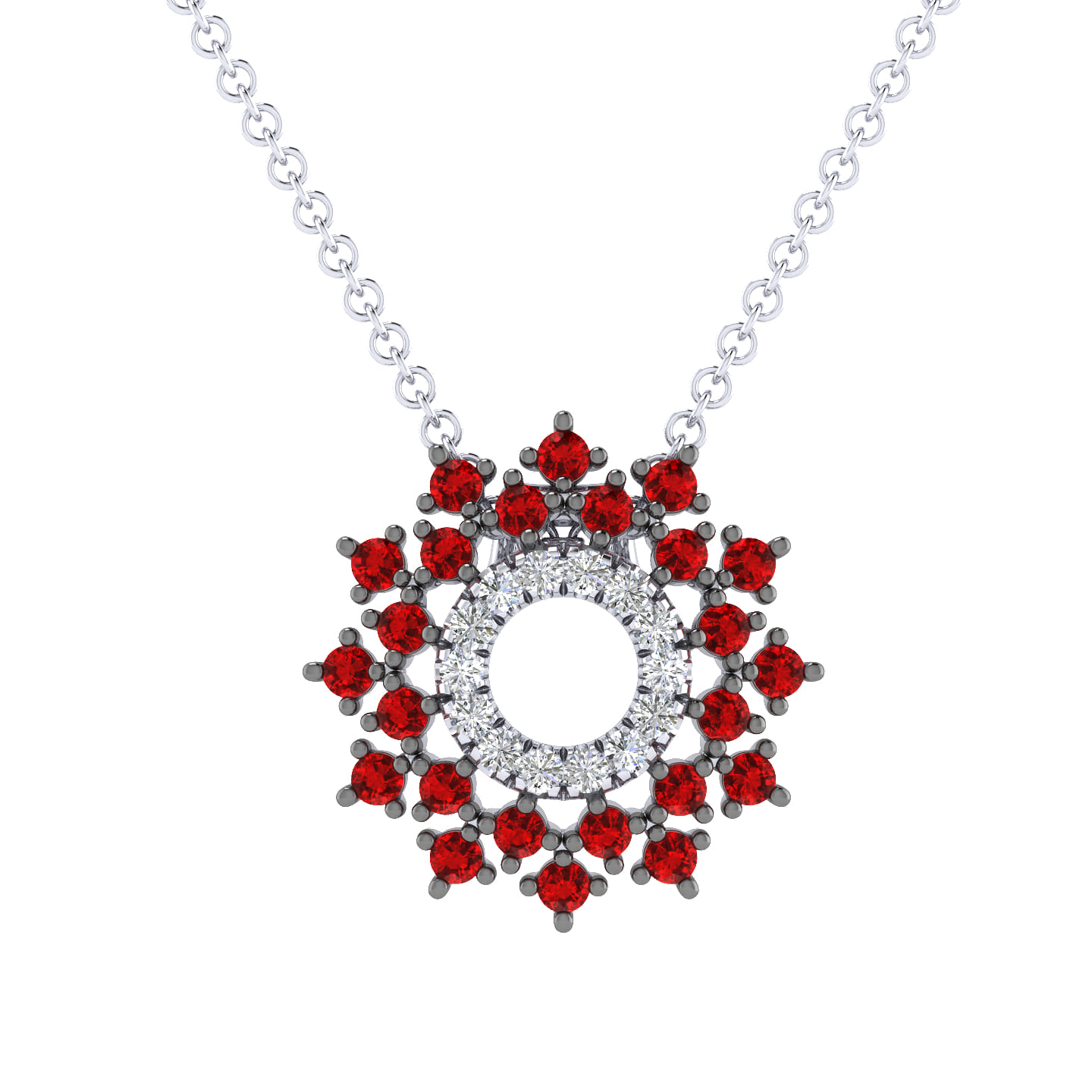 Round Diamond Circle Pendant Necklace with Ruby Halo Burst