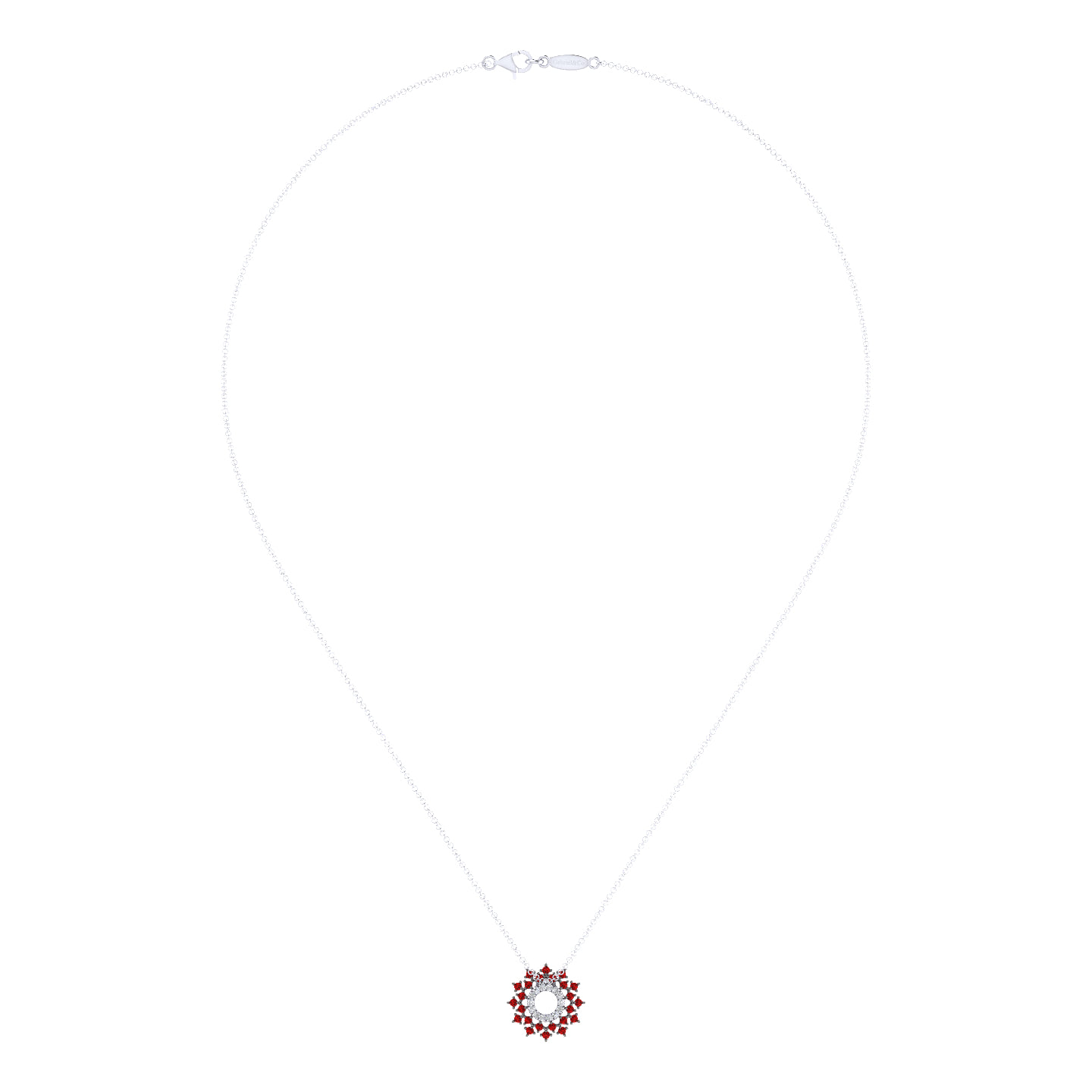 Round Diamond Circle Pendant Necklace with Ruby Halo Burst in 14K White Gold, photograph 2