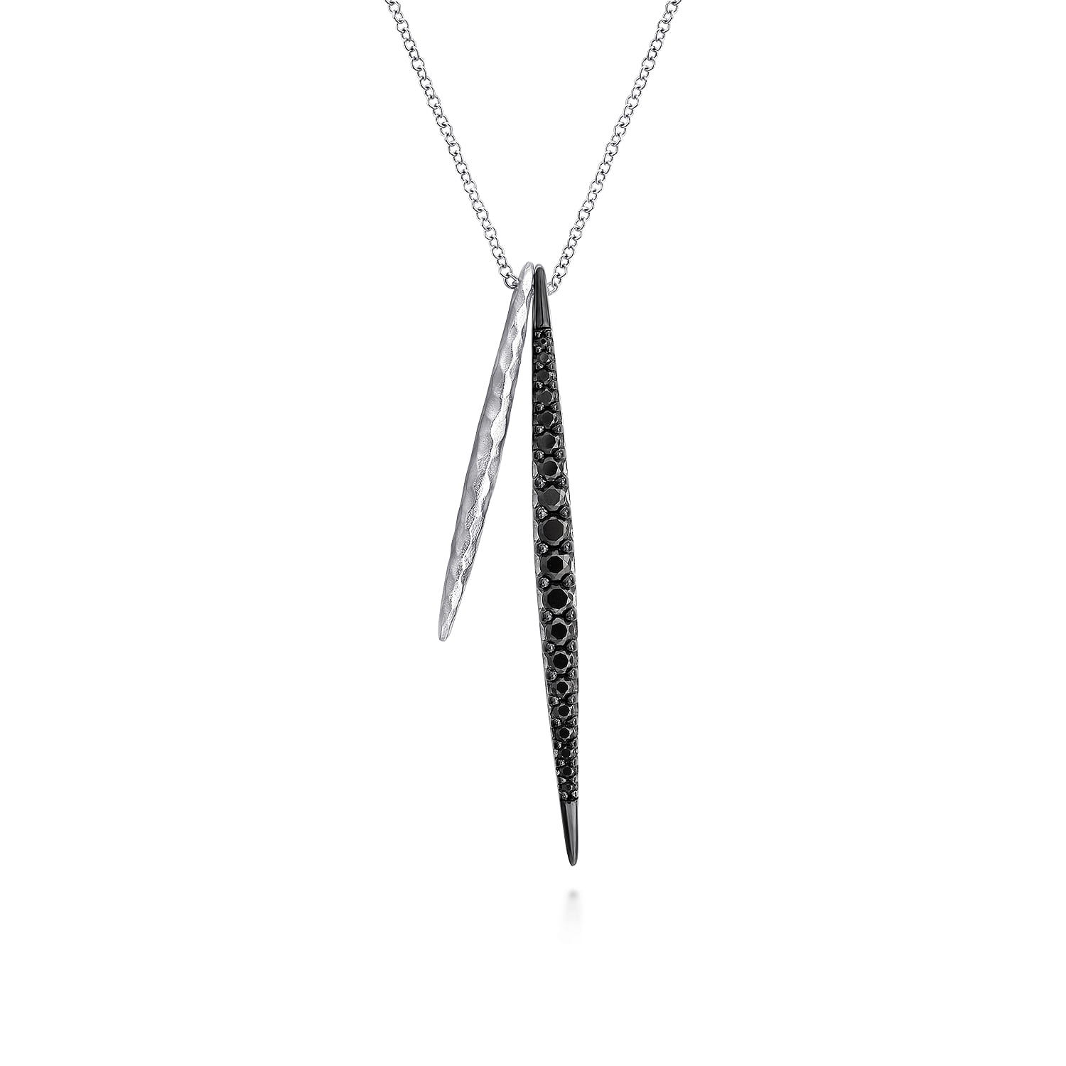 25 inch Hammered and Black Spinel Double Spear Necklace in Sterling Silver