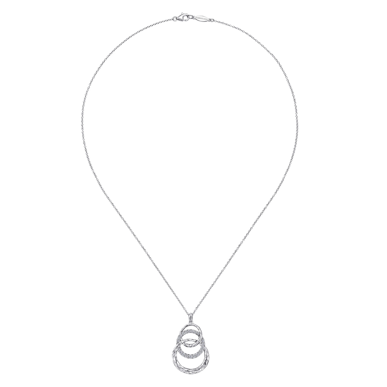 Hammered Layered Circle White Sapphire Pendant Necklace in Sterling Silver, photograph 2