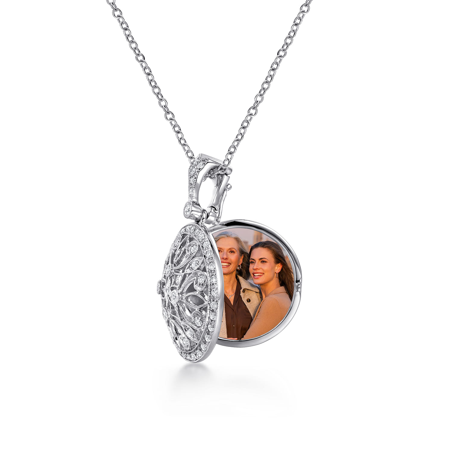 24 inch Vintage Inspired Filigree Diamond Locket Necklace in 14K White Gold, photograph 3