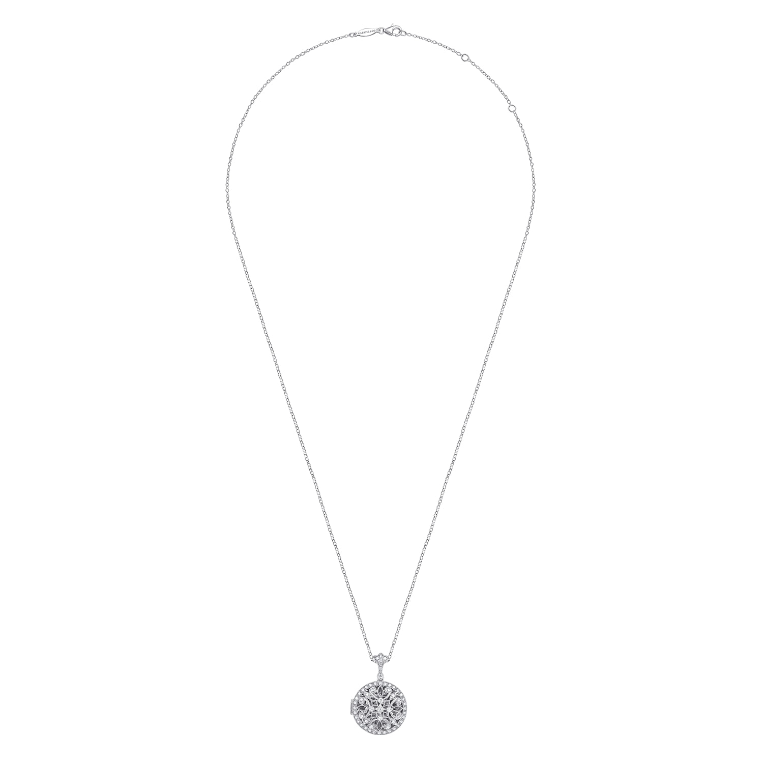 24 inch Vintage Inspired Filigree Diamond Locket Necklace in 14K White Gold, photograph 4