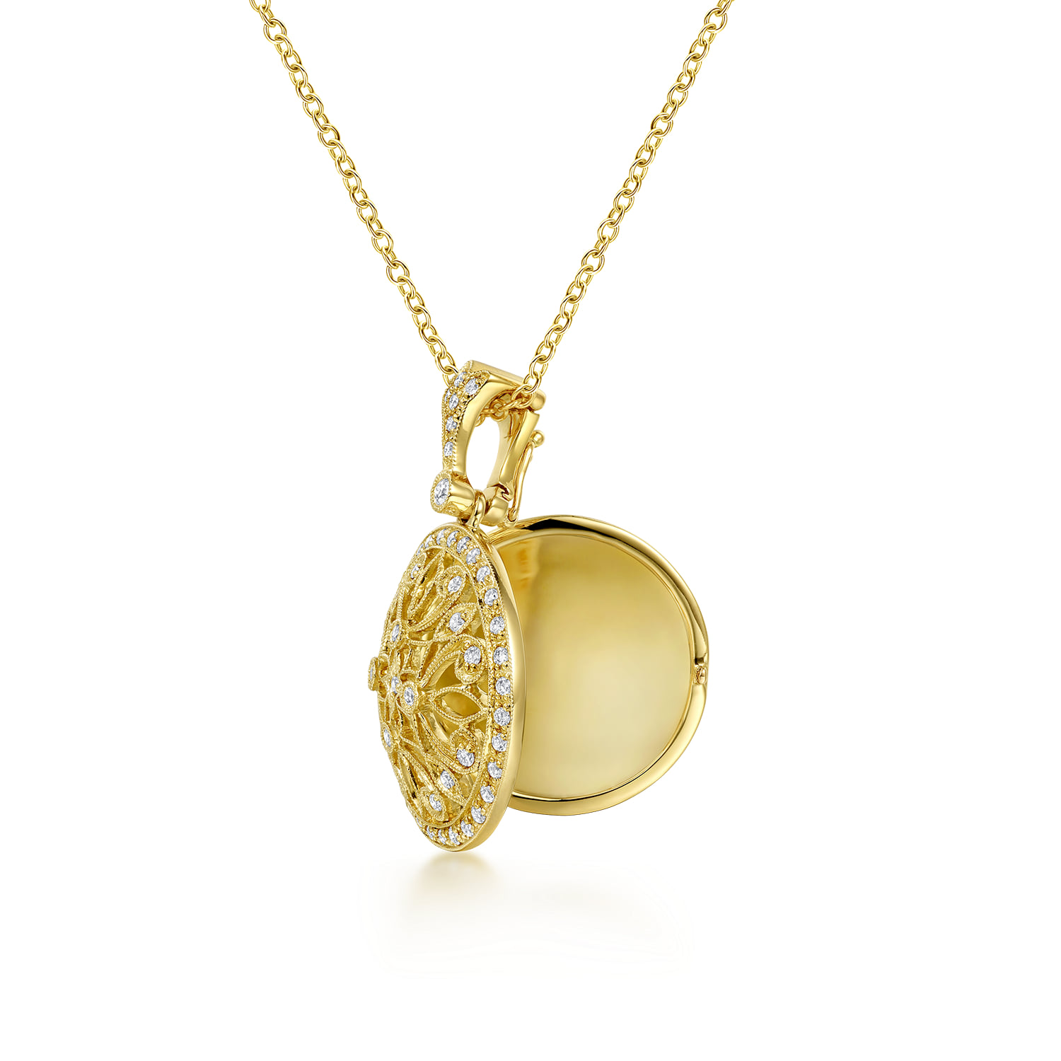 24 inch Vintage Inspired Filigree Diamond Locket Necklace in 14K Yellow Gold, photograph 2