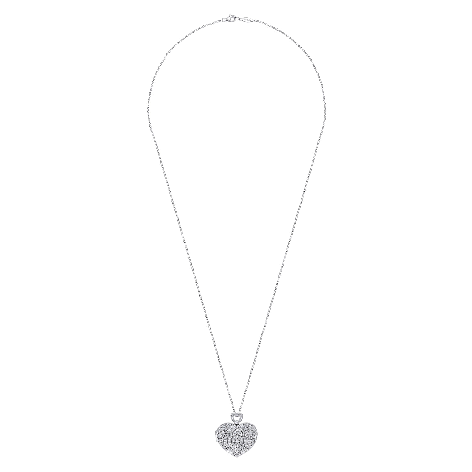 24 inch Vintage Inspired Shaped Filigree Diamond Locket Necklace in 14K White Gold, photograph 2