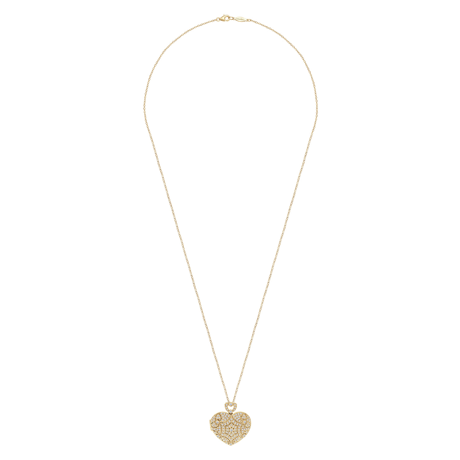 24 inch Vintage Inspired Shaped Filigree Diamond Locket Necklace in 14K Yellow Gold, photograph 2
