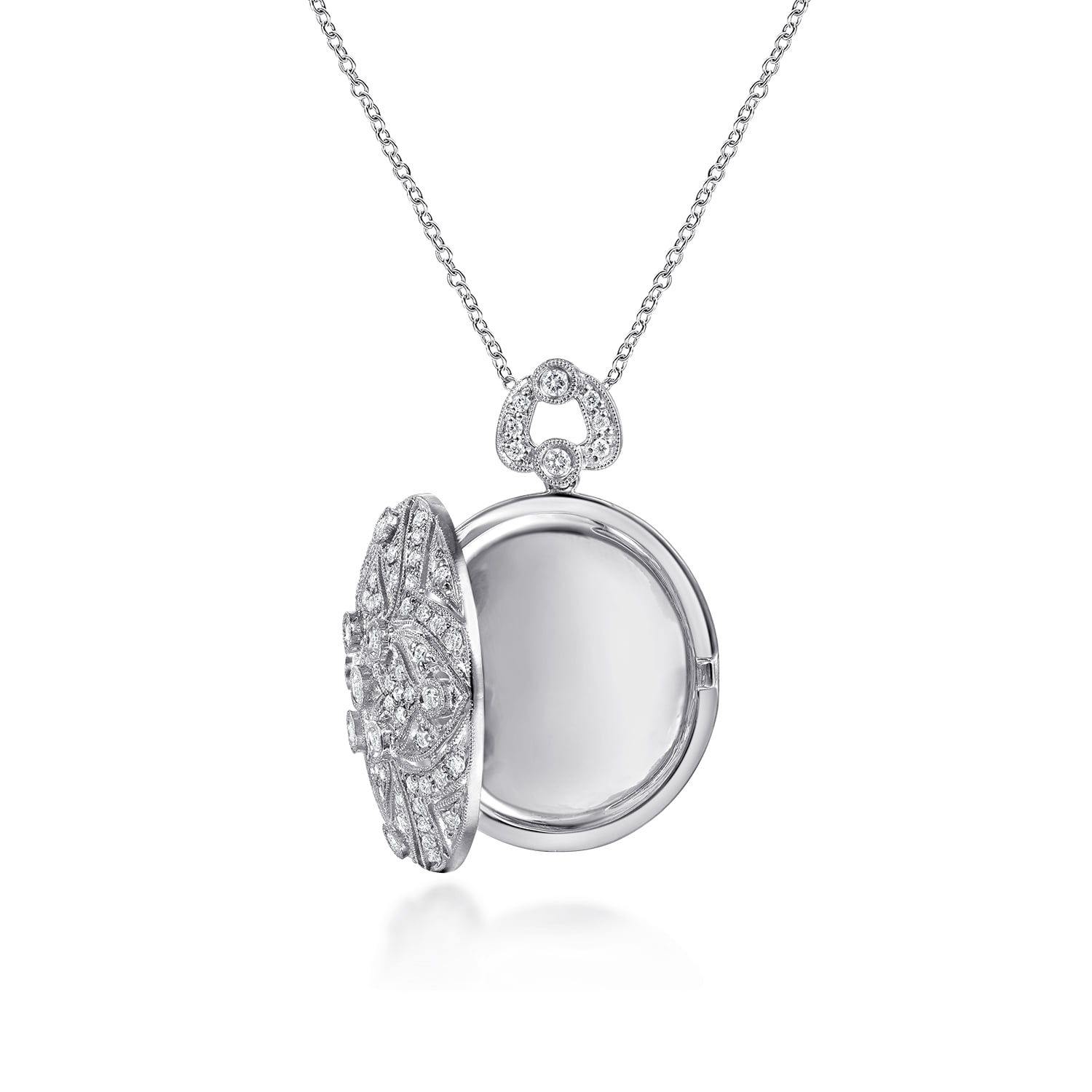 24 inch Vintage Inspired Filigree Diamond Locket Necklace in 14K White Gold, photograph 2