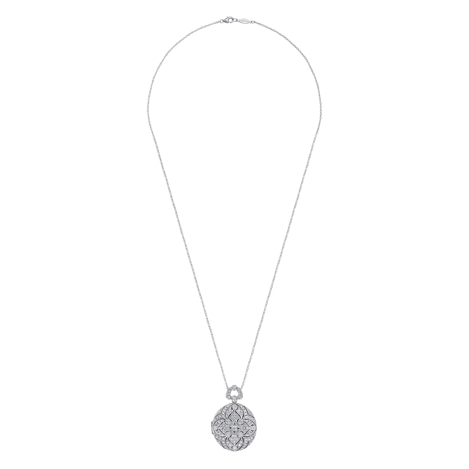 24 inch Vintage Inspired Filigree Diamond Locket Necklace in 14K White Gold, photograph 4