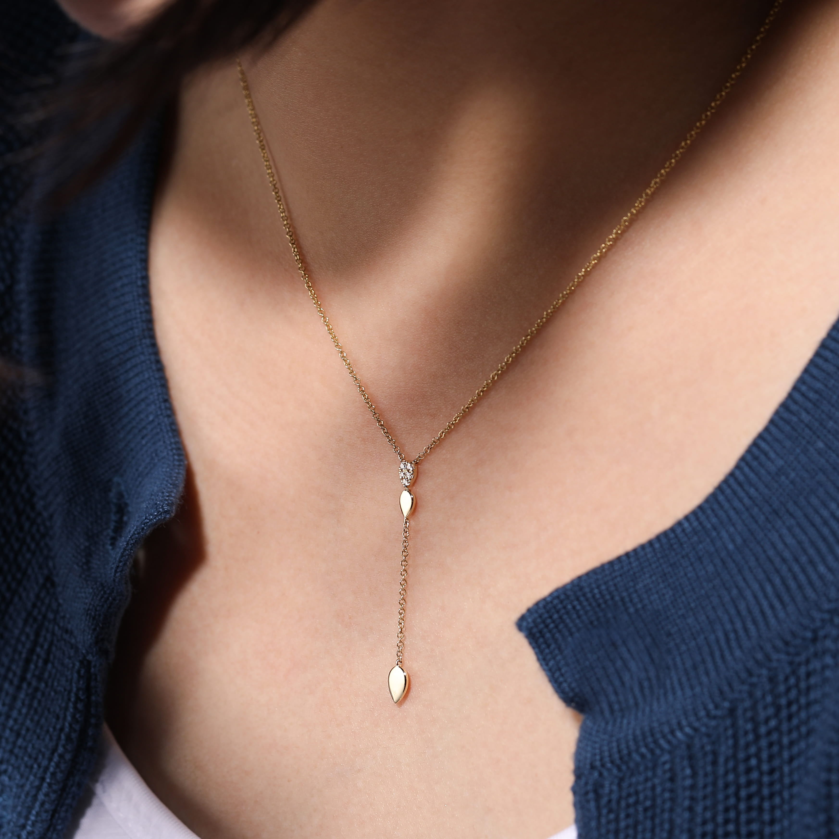 Multi Teardrop Y Necklace with Diamonds in 14K Yellow Gold, photograph 3