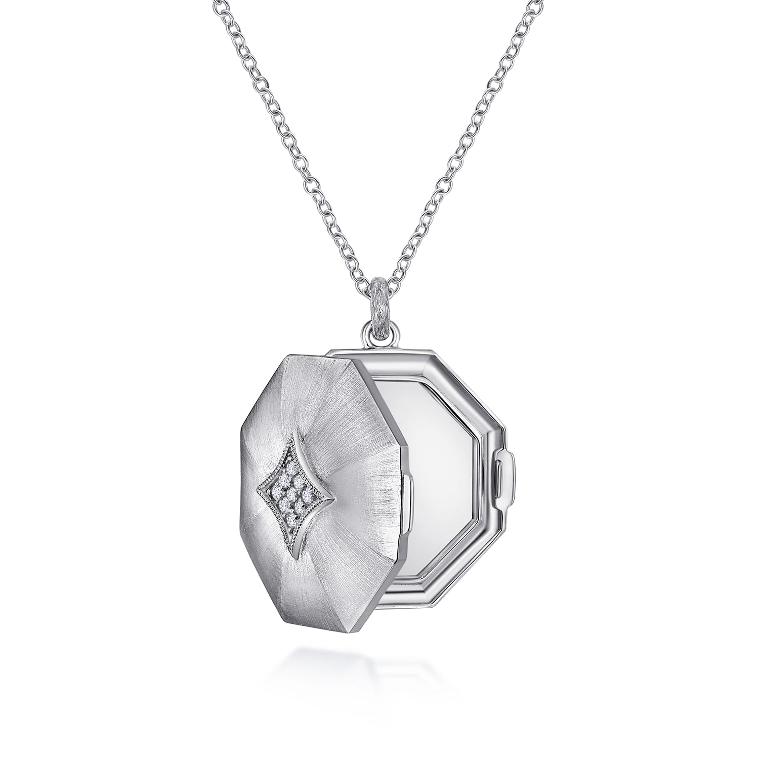 25 inch Octagonal Locket Necklace with White Sapphire in Sterling Silver, photograph 2