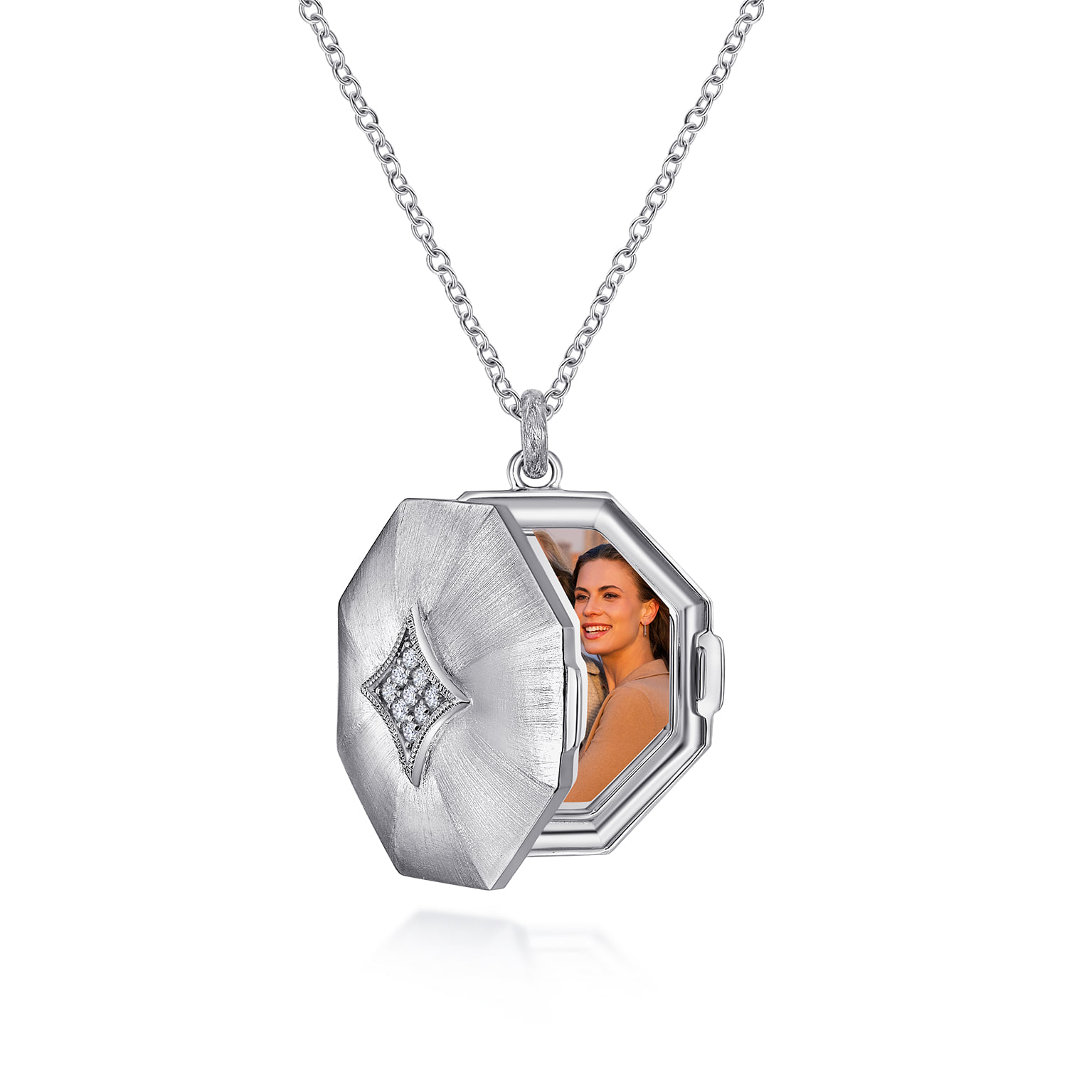 25 inch Octagonal Locket Necklace with White Sapphire in Sterling Silver, photograph 3