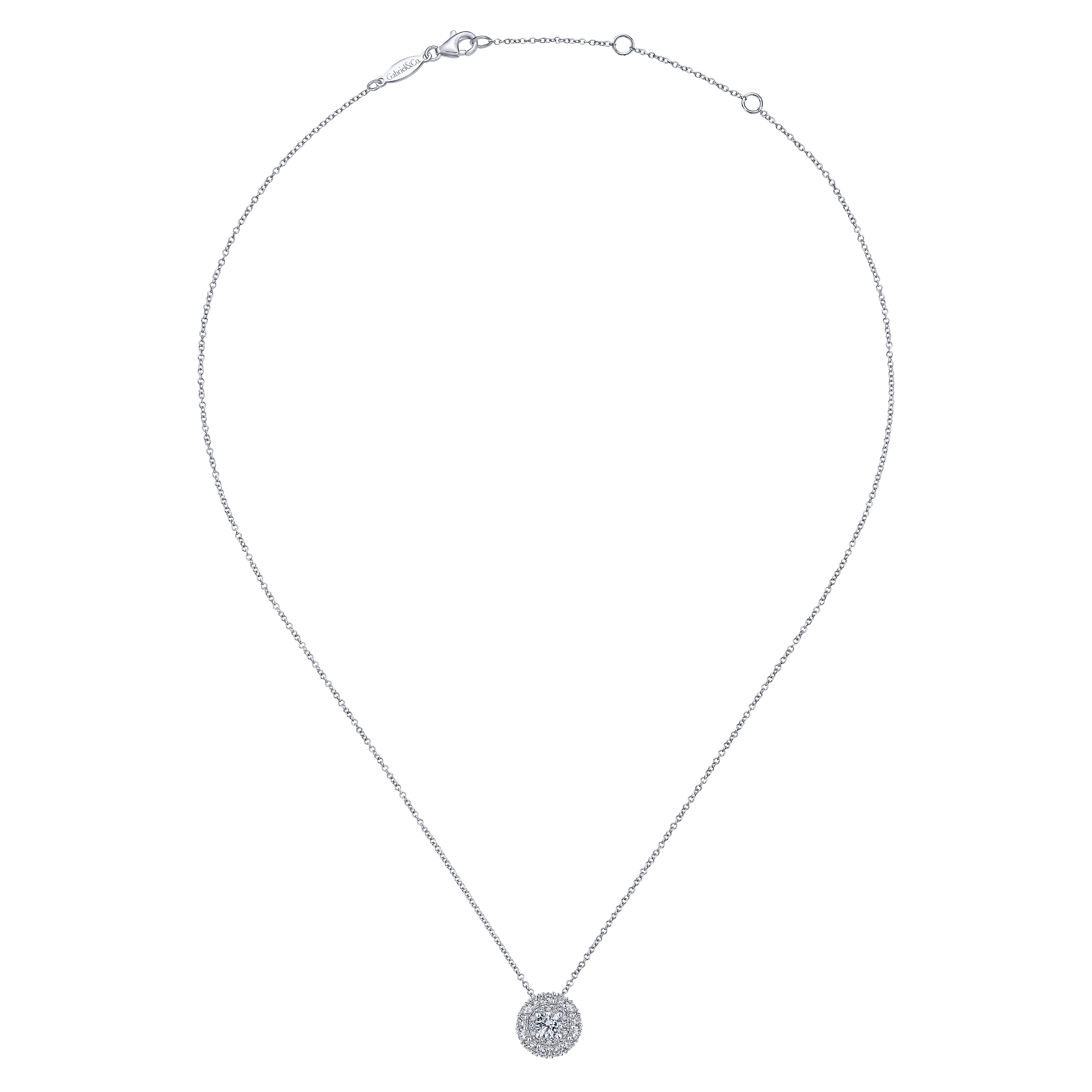 Double Halo Diamond Pendant Necklace in 14K White Gold, photograph 2