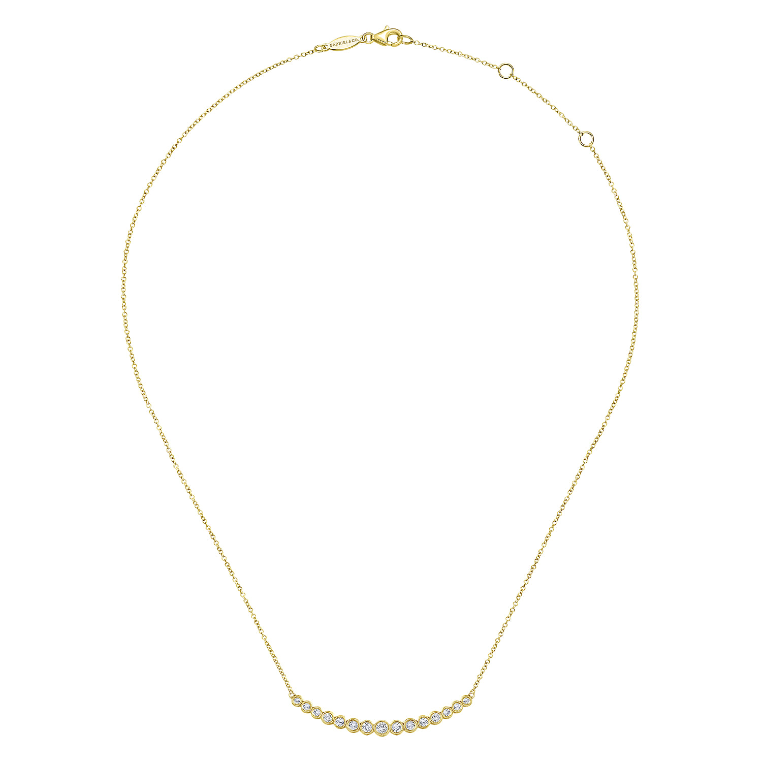 Curved Bar Necklace with Bezel Set Diamonds in 14K Yellow Gold, photograph 2