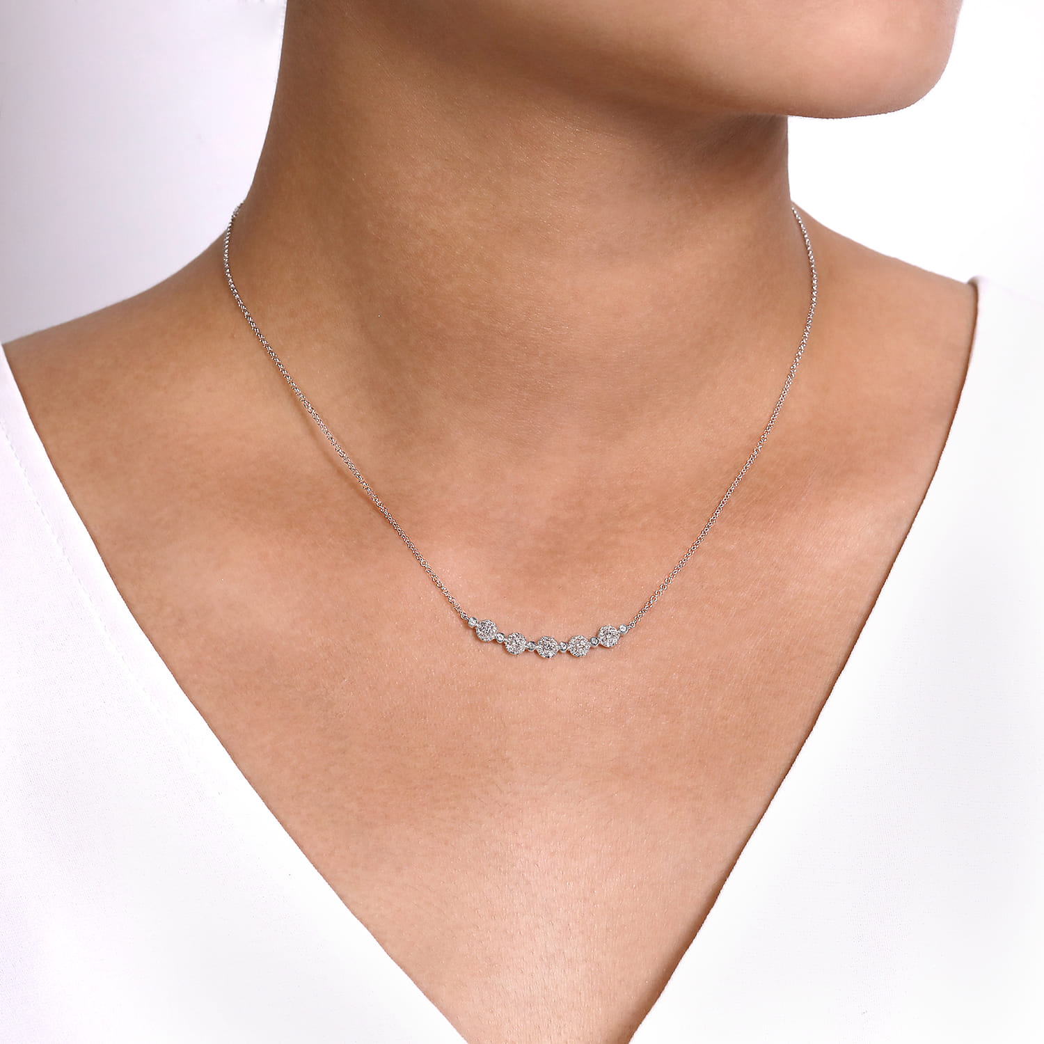 Diamond Cluster Station Curved Bar Necklace in 14K White Gold, photograph 3