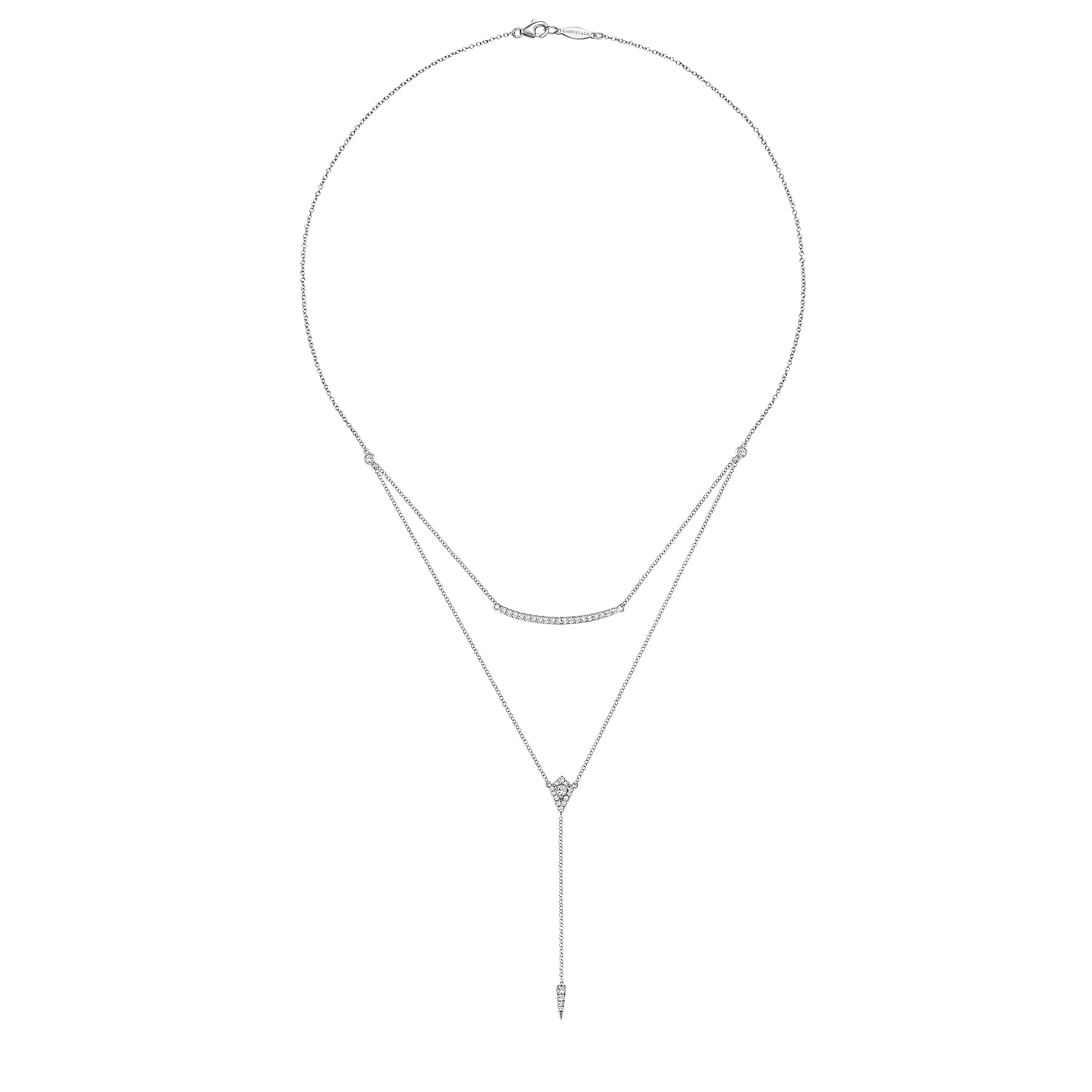 Layered Curved Bar and Diamond Drop Y Necklace in 14K White Gold, photograph 2