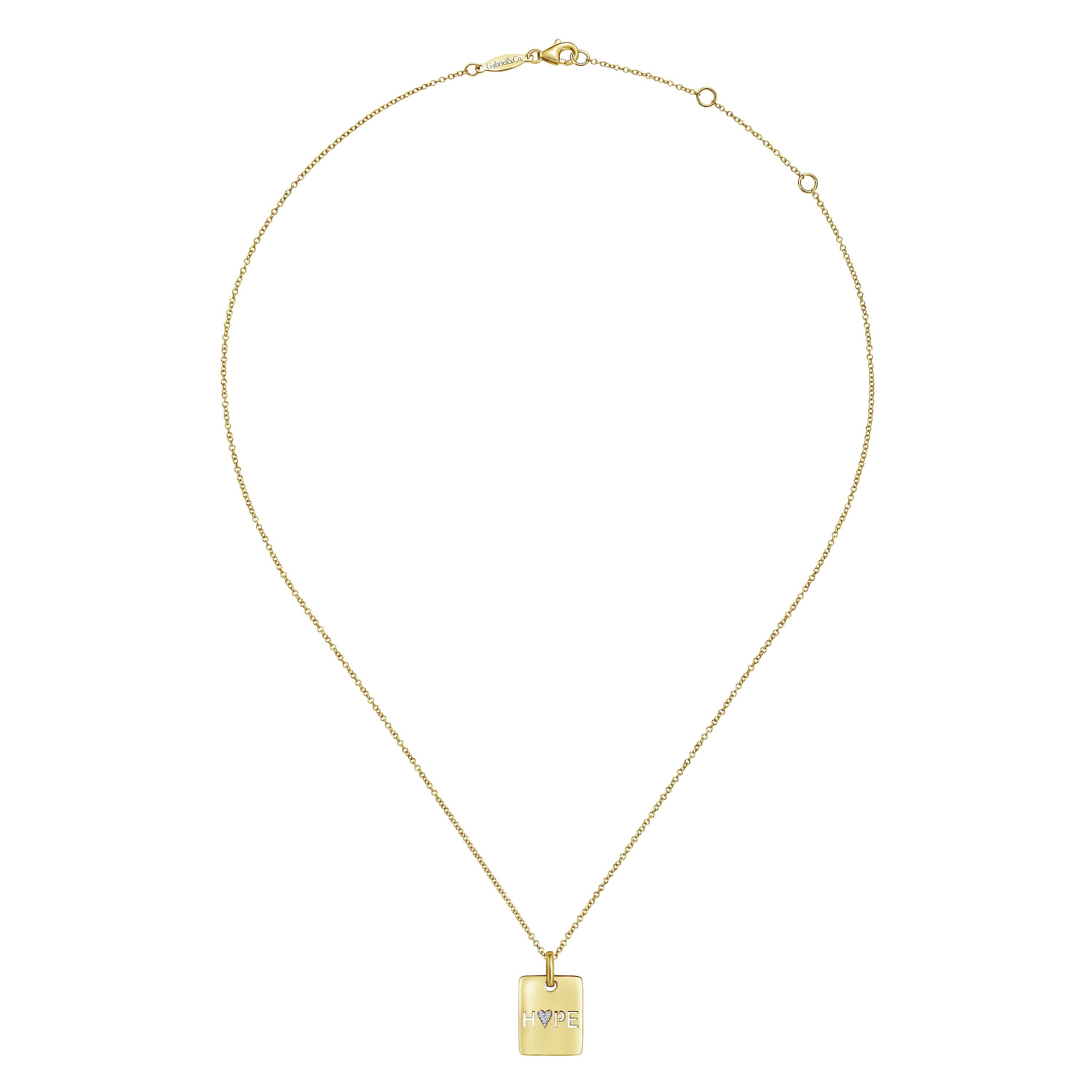 Rectangular Hope Medallion Necklace with Pave Diamond Heart in 14K Yellow Gold, photograph 2