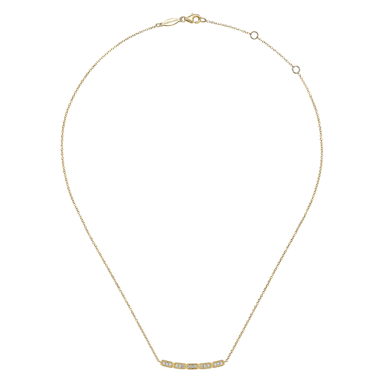 Curved Rectangular Station Bar Necklace with Diamonds in 14K Yellow Gold, photograph 2