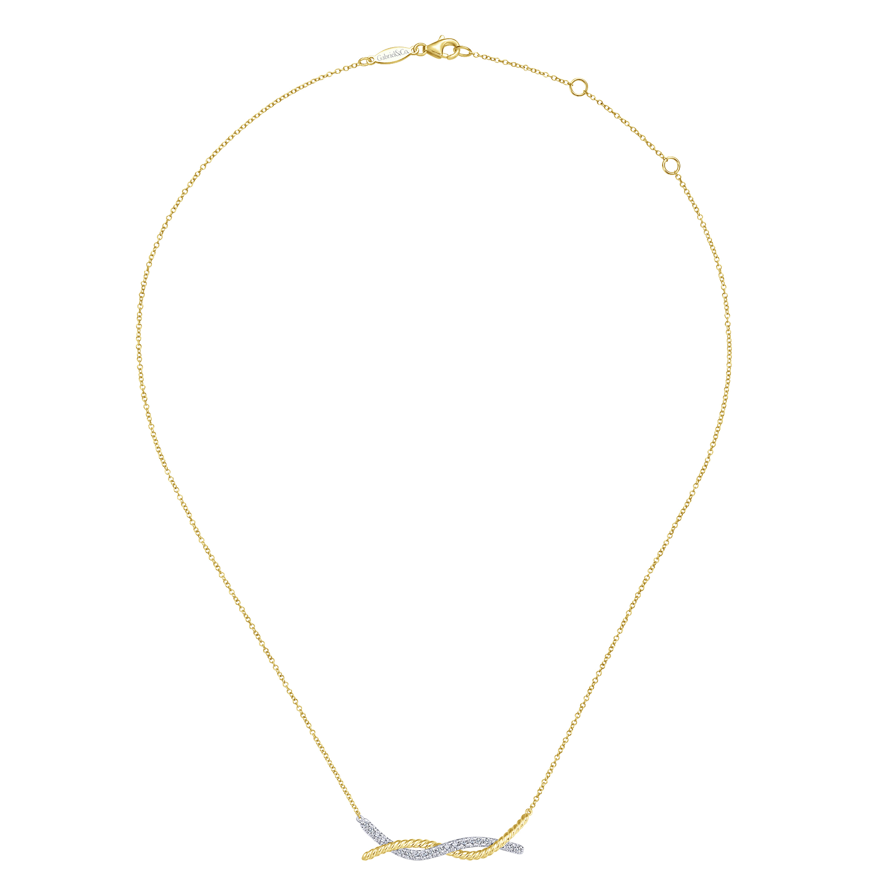 Twisted Rope and Pave Diamond Bar Necklace in 14K White/Yellow Gold, photograph 2