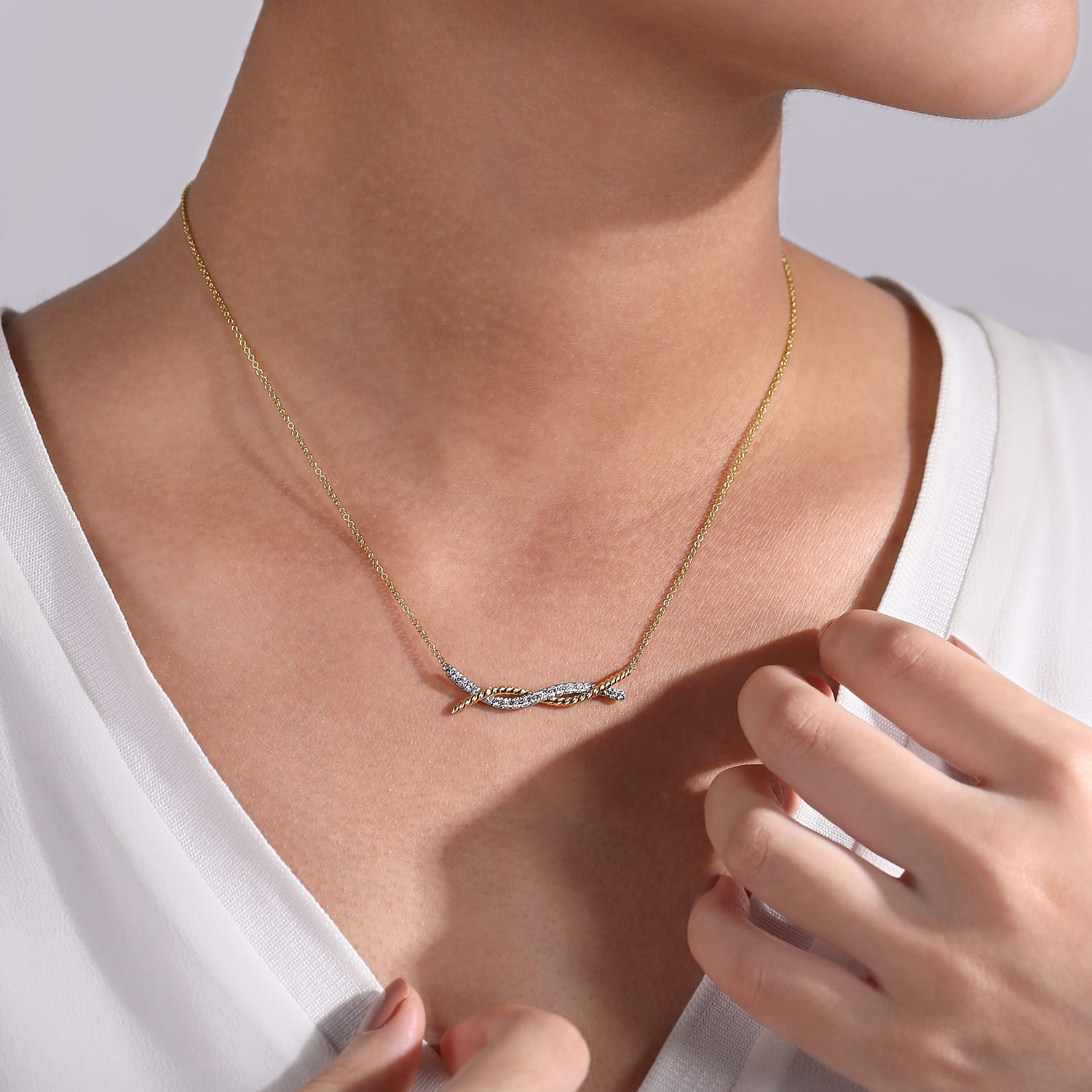Twisted Rope and Pave Diamond Bar Necklace in 14K White/Yellow Gold, photograph 3