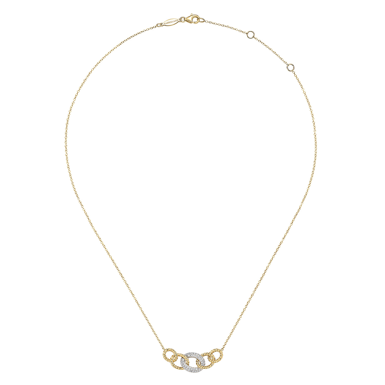 Twisted Rope Link Necklace with Pave Diamond Link Station in 14K White/Yellow Gold, photograph 2