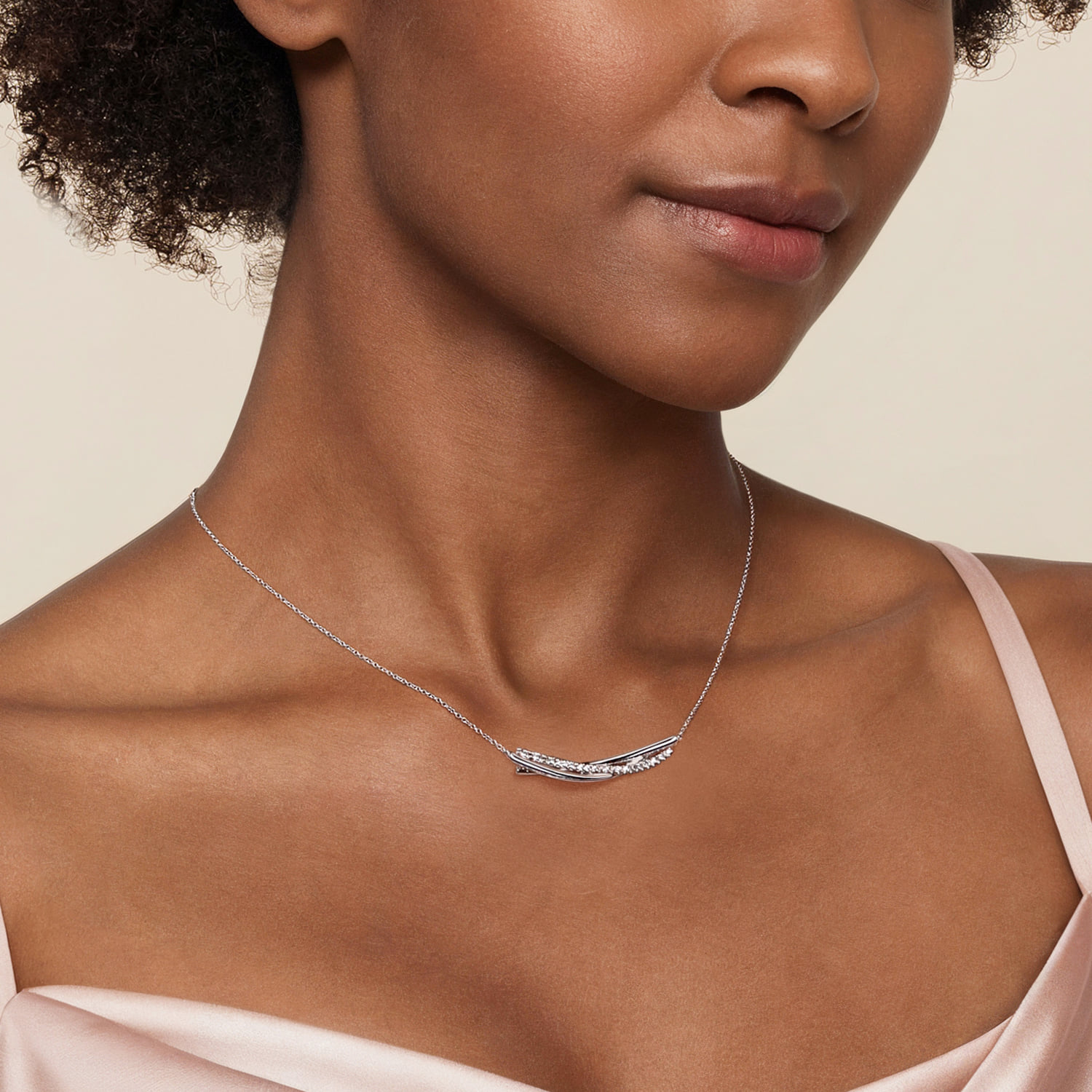 White Sapphire Bar Necklace in Sterling Silver, photograph 3