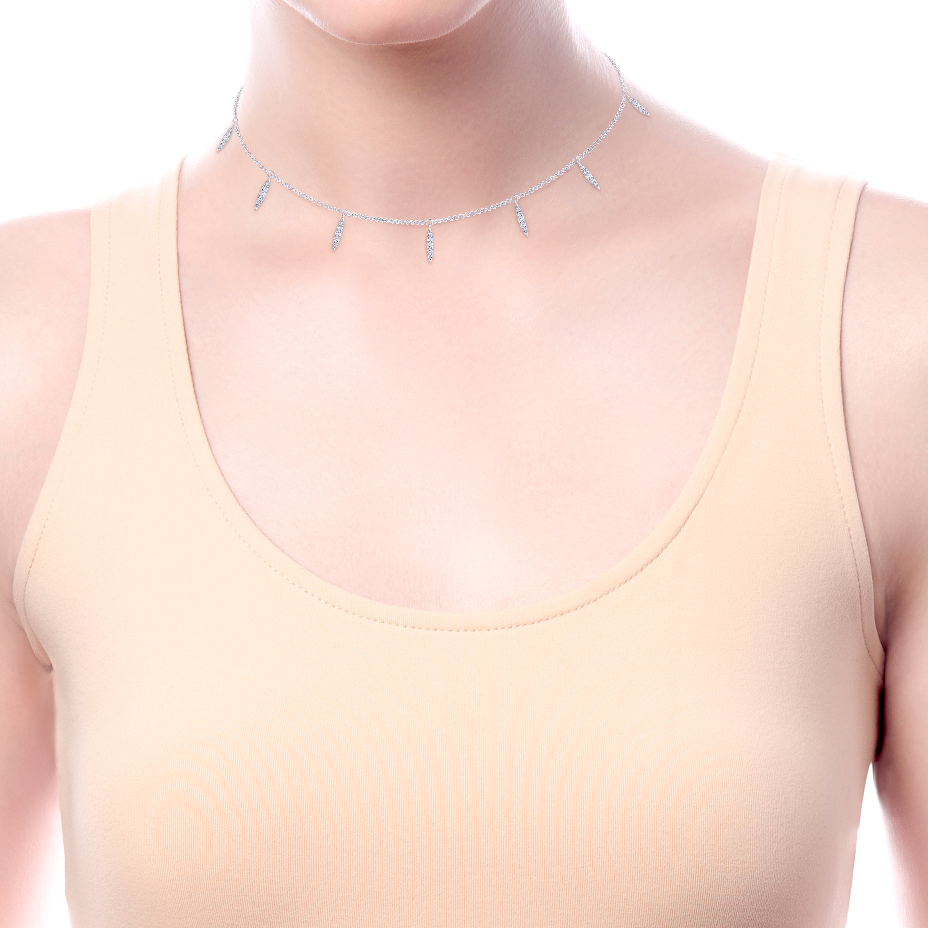 Diamond Choker Necklace with Diamond Spike Drops in 14K White Gold, photograph 3