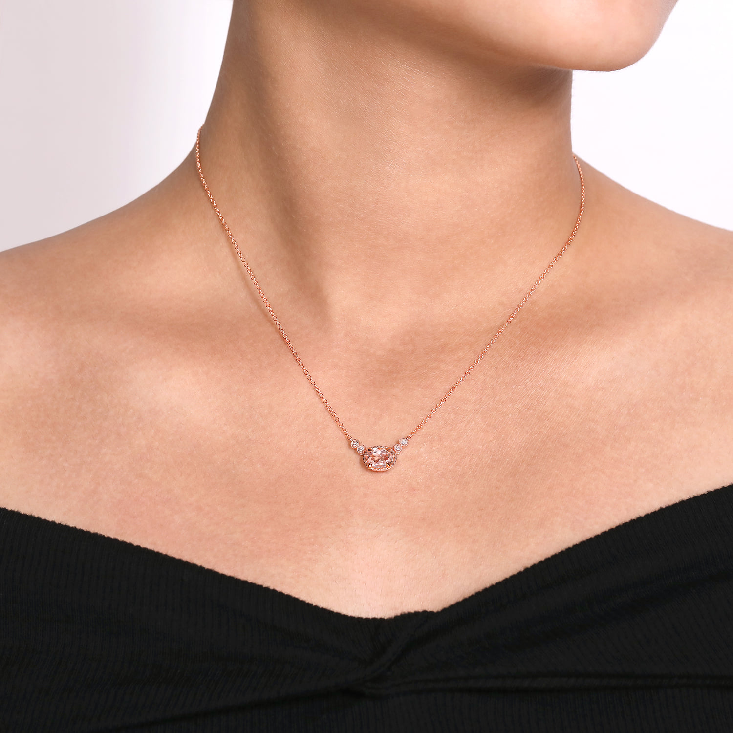 Oval Morganite Pendant Necklace with Diamond Accents in 14K Rose Gold, photograph 3