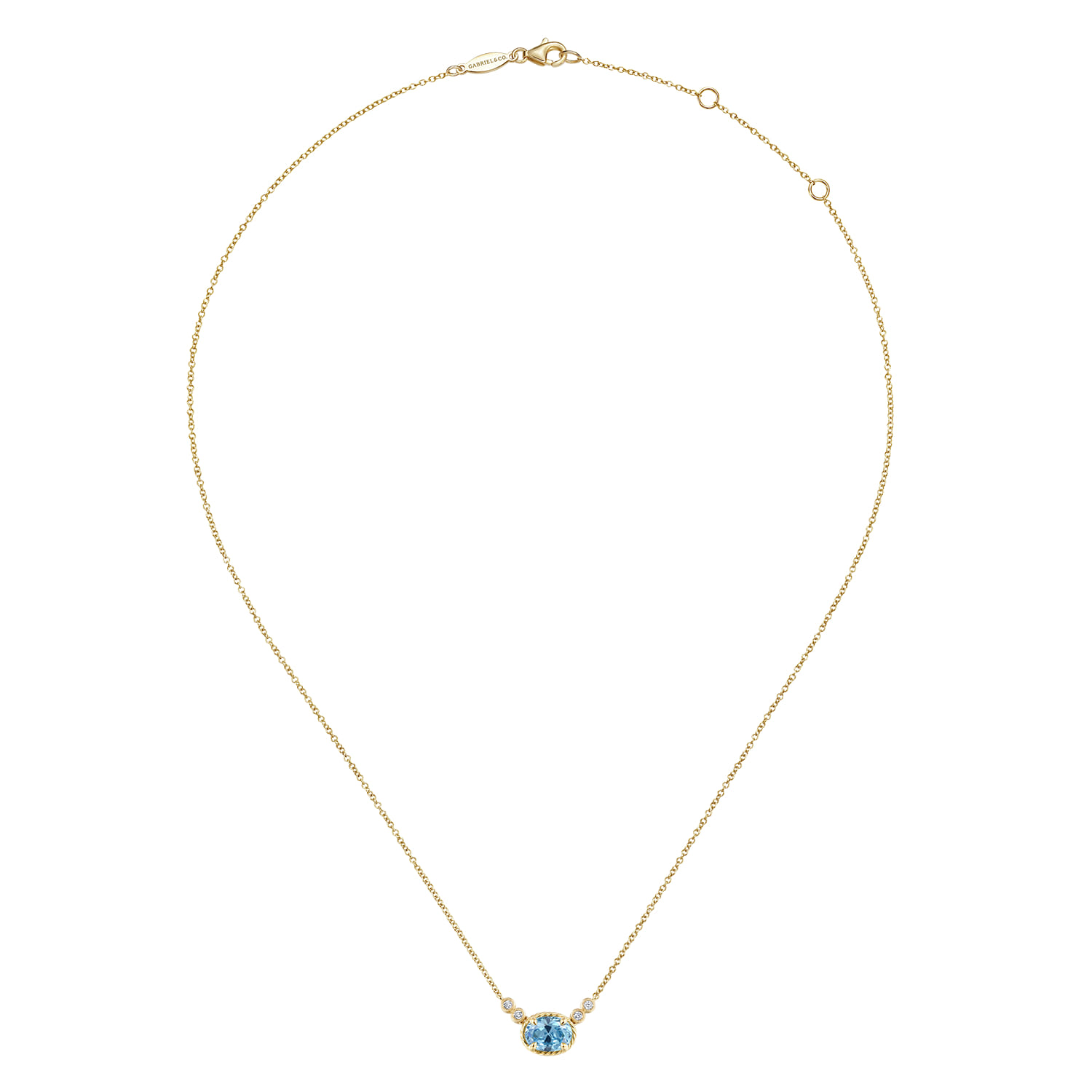 Oval Swiss Blue Topaz Pendant Necklace with Diamond Accents in 14K Yellow Gold, photograph 2