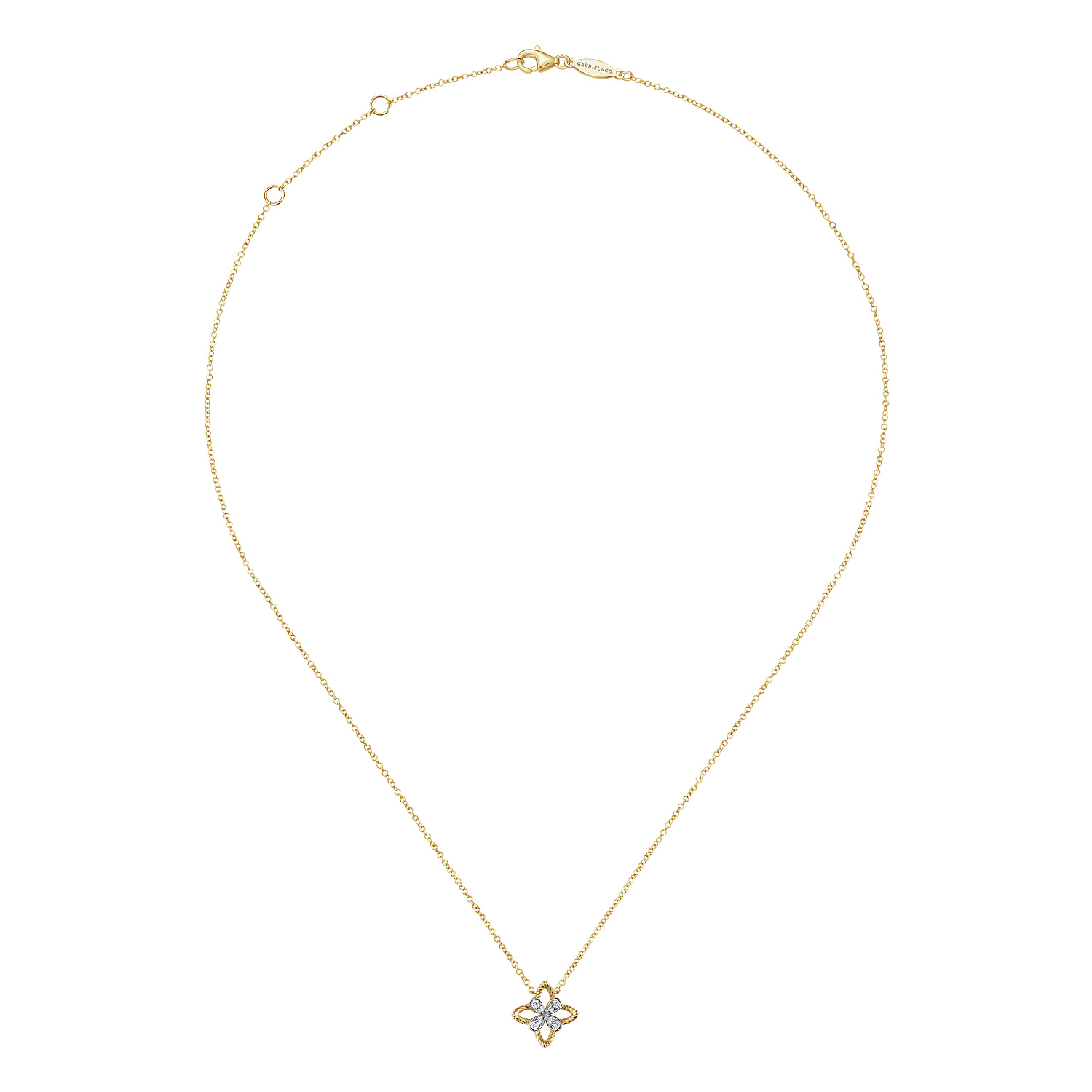 Twisted Rope Clover Pendant Necklace with Diamond Petals in 14K Yellow Gold, photograph 2