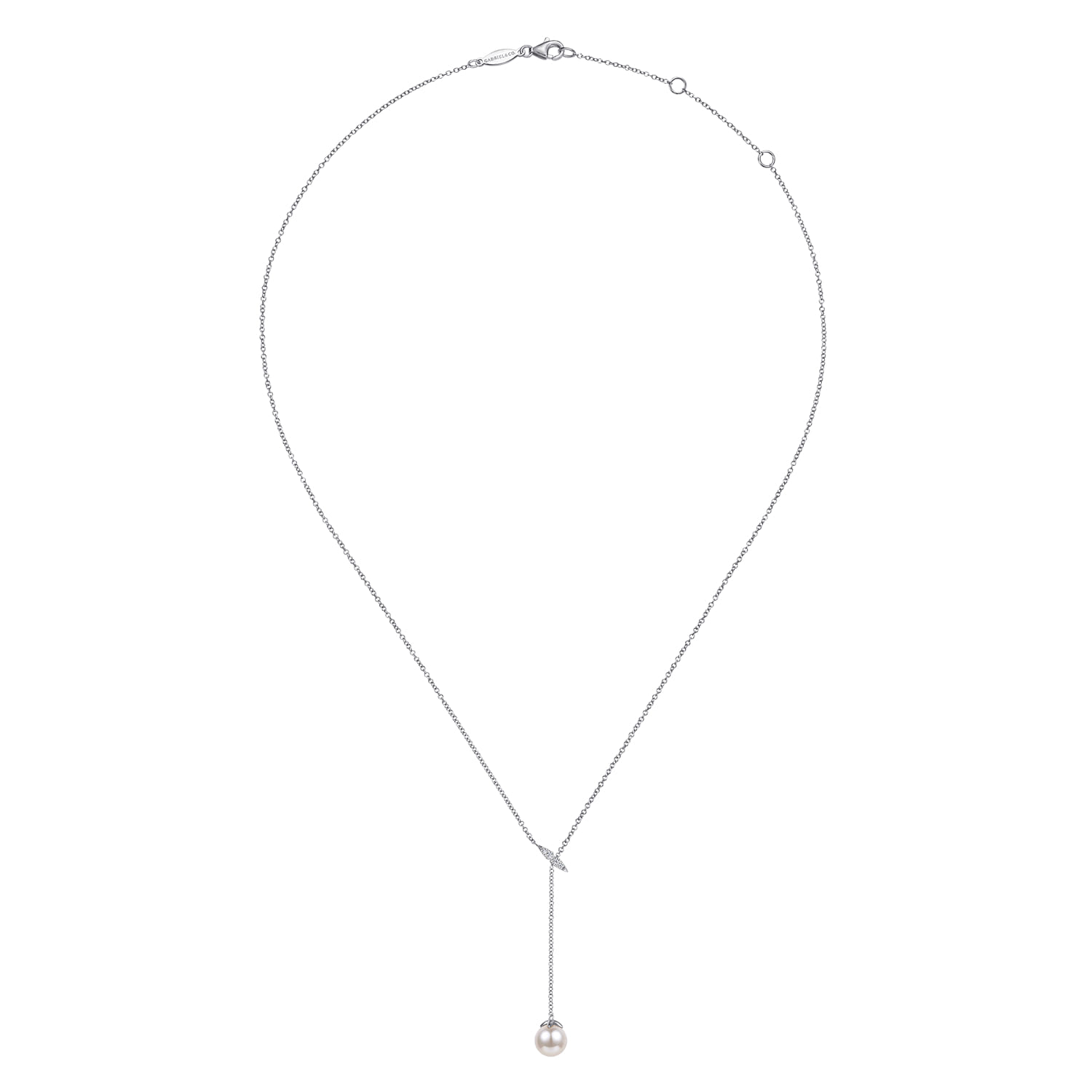 Diamond And Pearl Y Knot Necklace in 14K White Gold, photograph 2